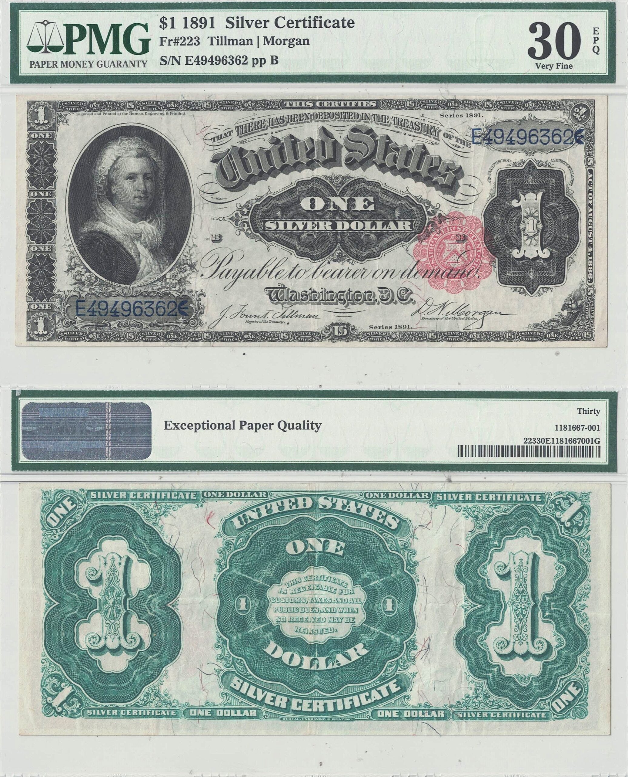 1891 $1 Silver Certificate Fr-223 PMG VF-30 EPQ