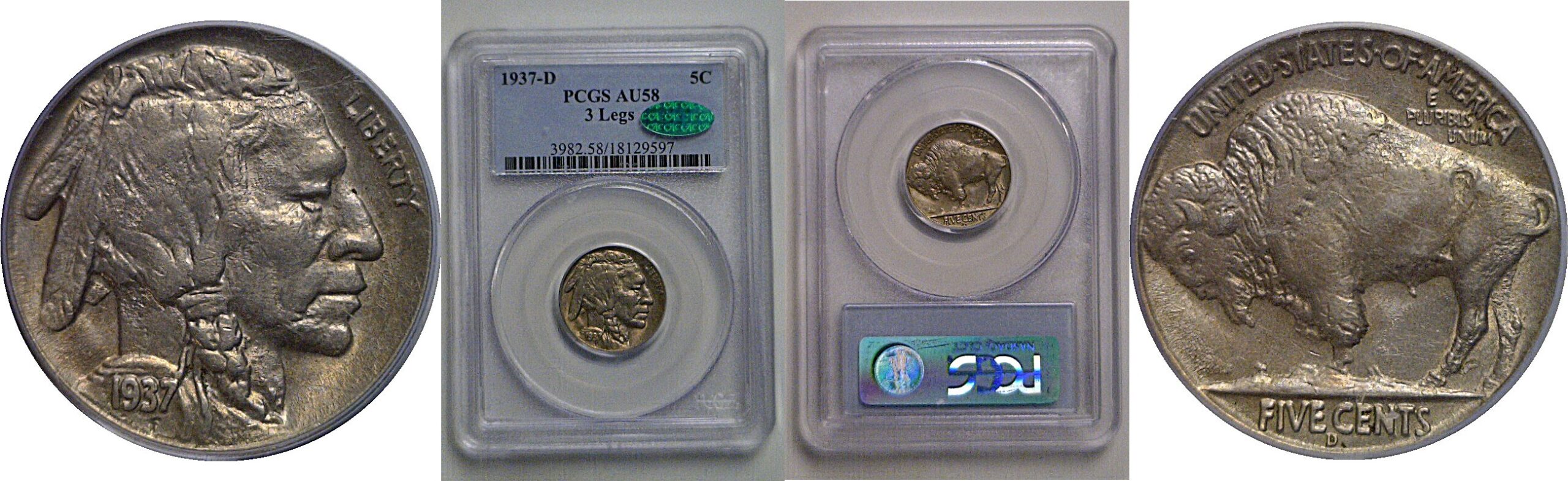 1937-D 3 Legs  Buffalo Nickel   PCGS AU-58  CAC
