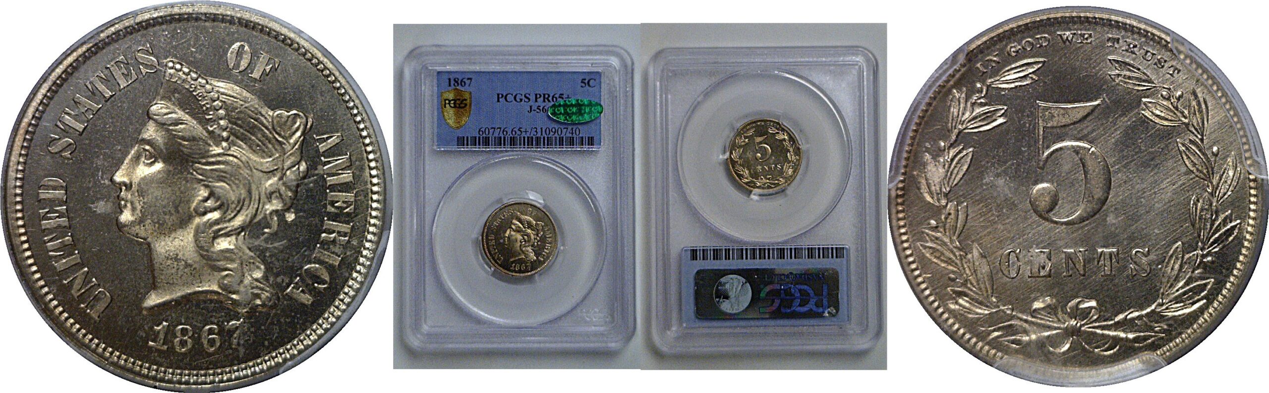 1867 Pattern Nickel  Judd-566   PCGS PR-65+  CAC