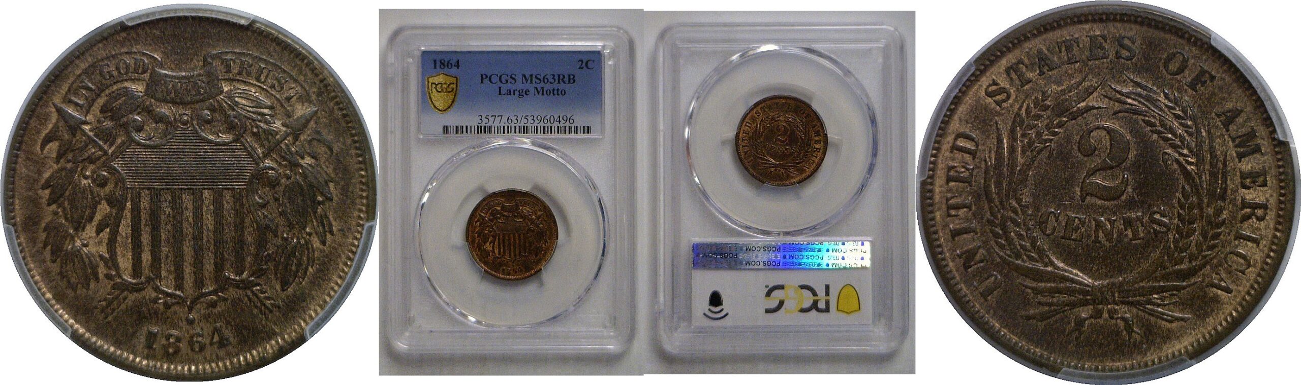 1864 Large Motto  Two Cent Piece   PCGS MS-63 RB