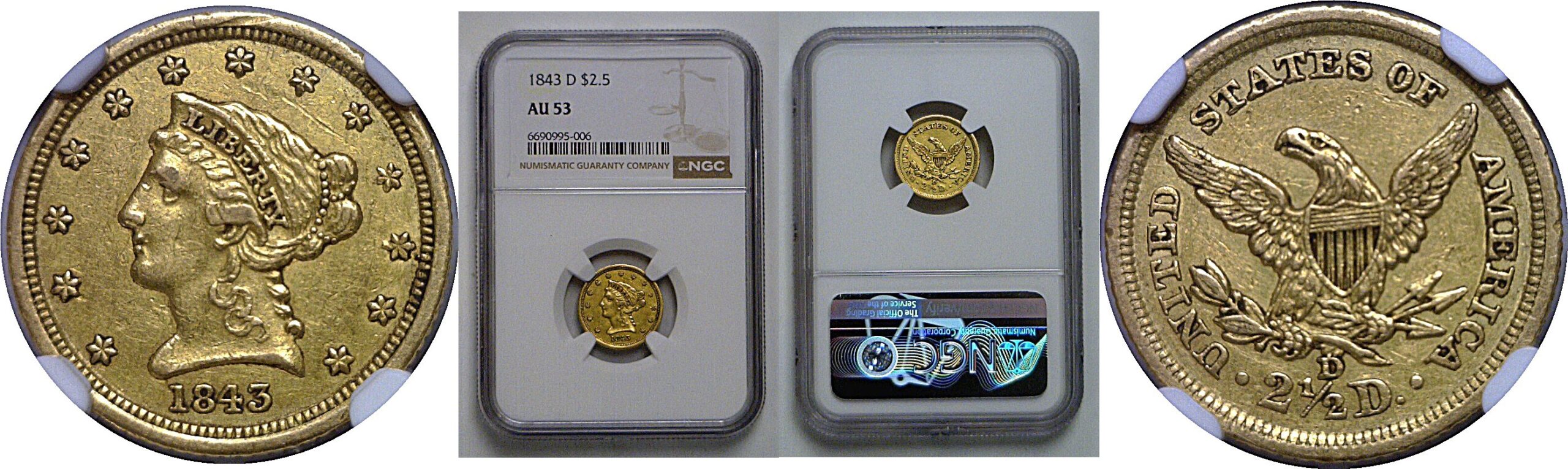 1843-D $2 1/2 Liberty   NGC AU-53