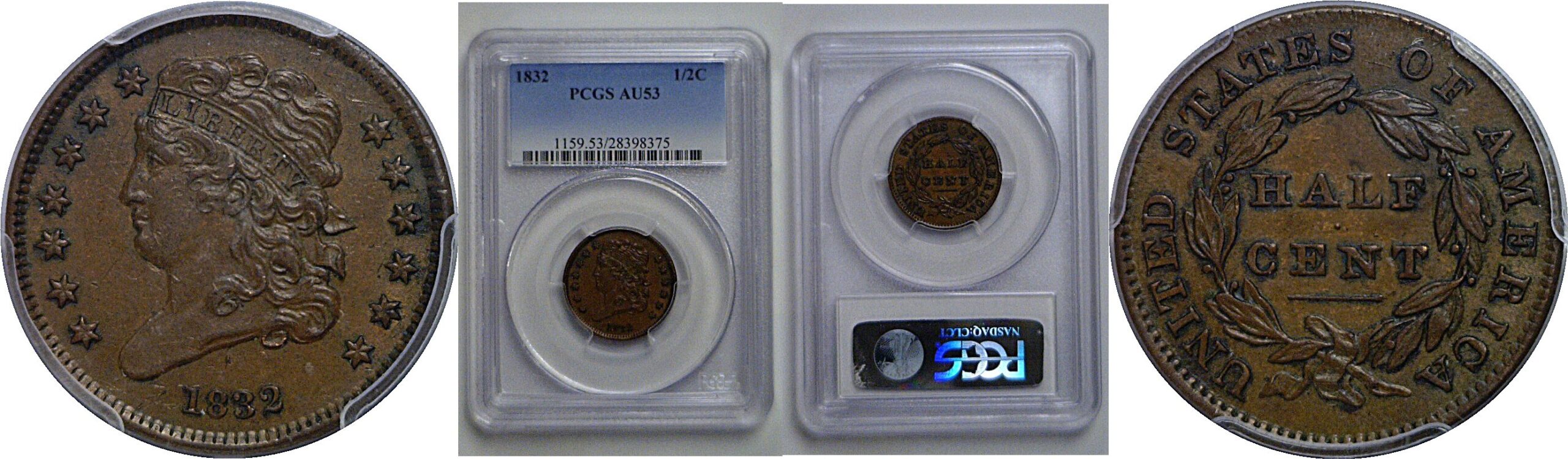 1832 Half Cent   PCGS AU-53