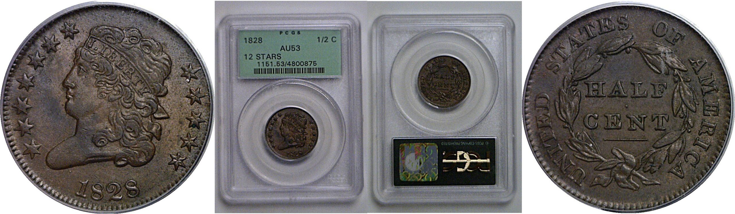 1828 12 Stars  Half Cent   PCGS AU-53