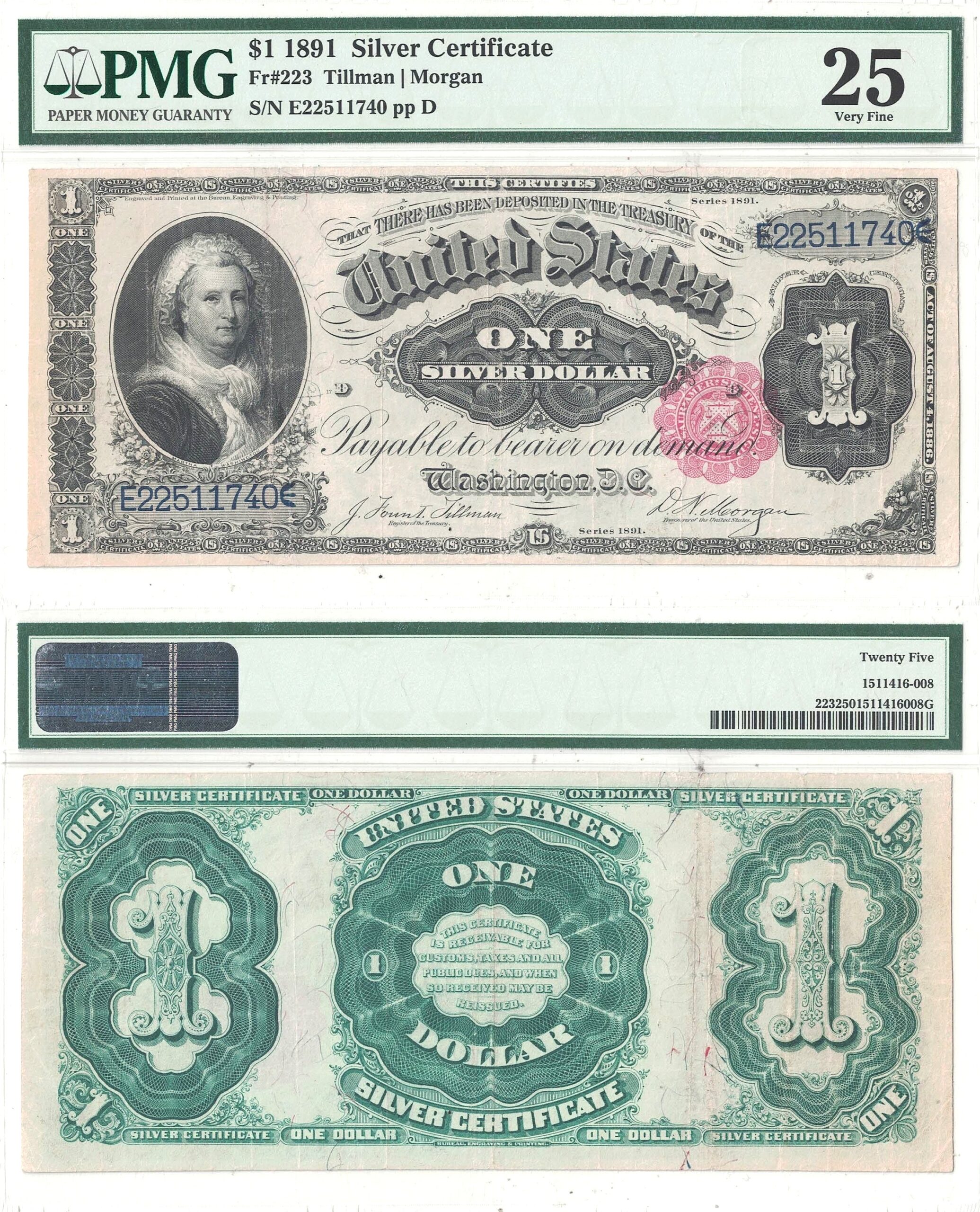 1891 $1 Silver Certificate Fr-223 PMG VF-25