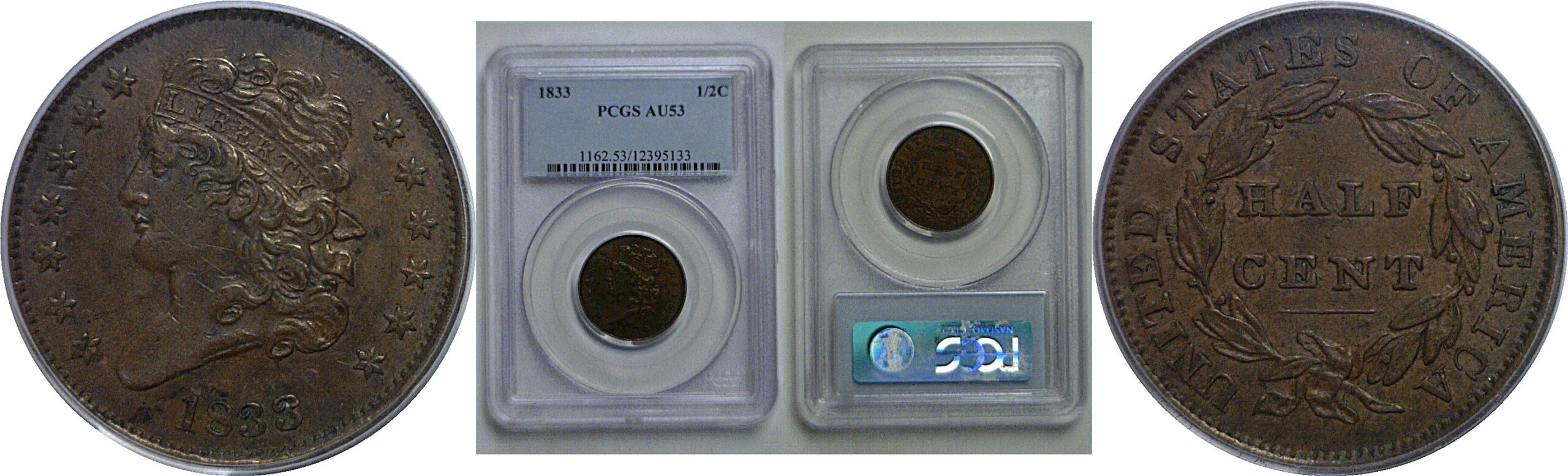 1833 Half Cent   PCGS AU-53