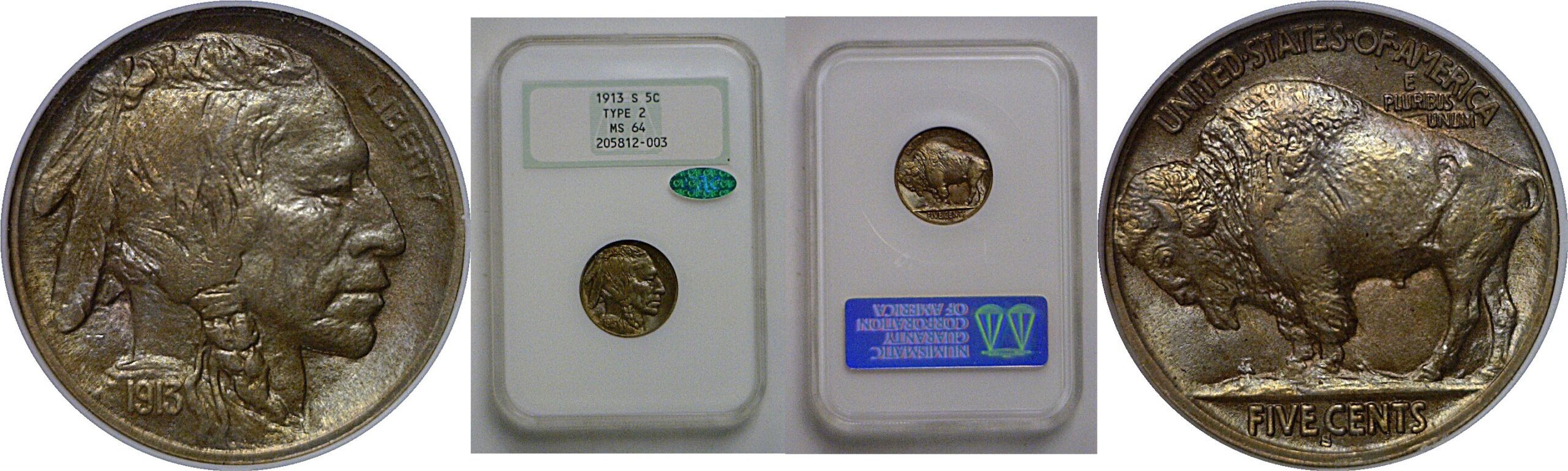 1913-S T-2  Buffalo Nickel   NGC MS-64  CAC