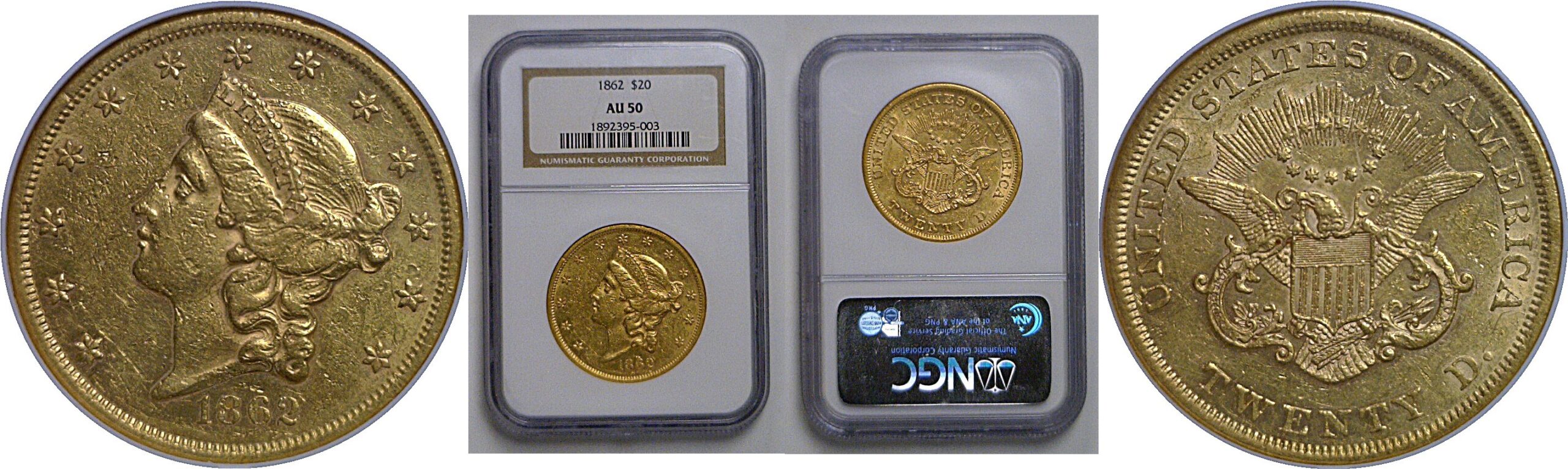 1862 $20 Liberty   NGC AU-50