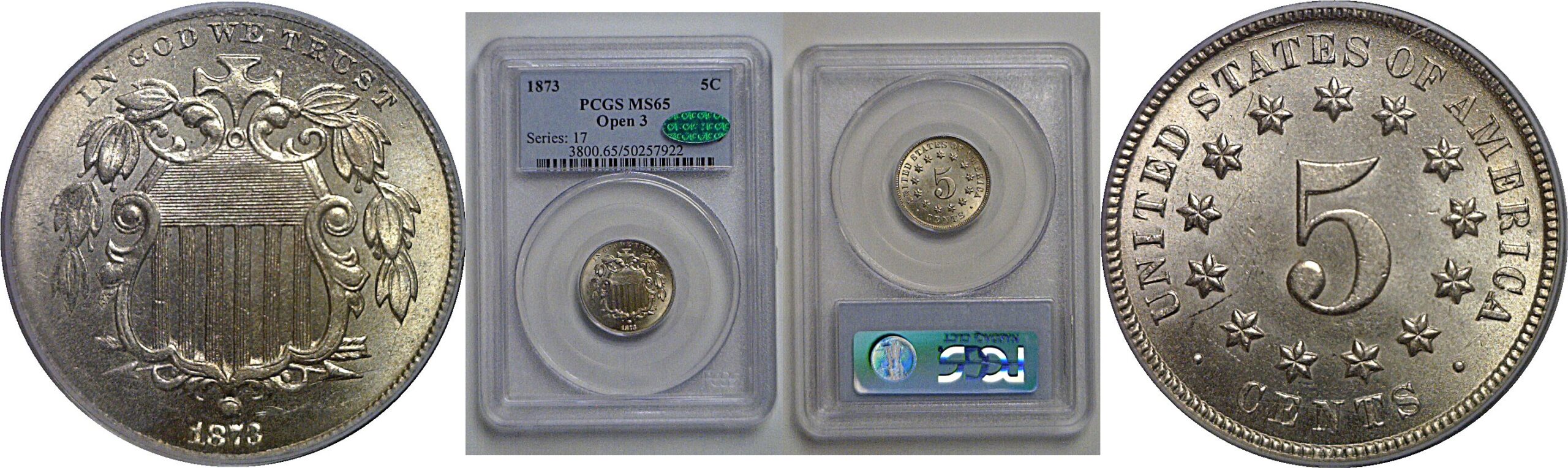 1873 Open 3  Shield Nickel   PCGS MS-65  CAC