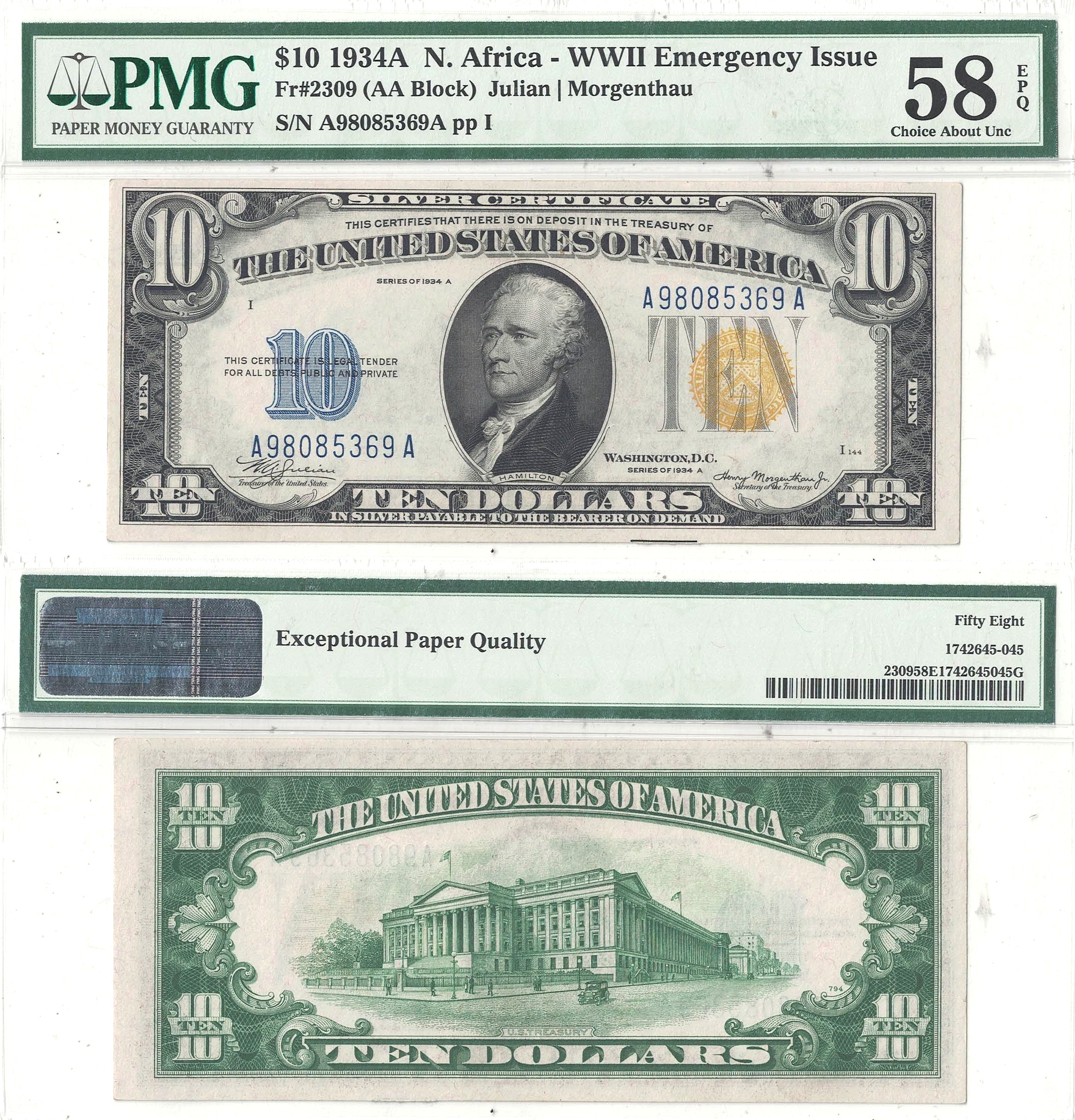 1934-A $10 North Africa Fr-2309 PMG AU-58 EPQ