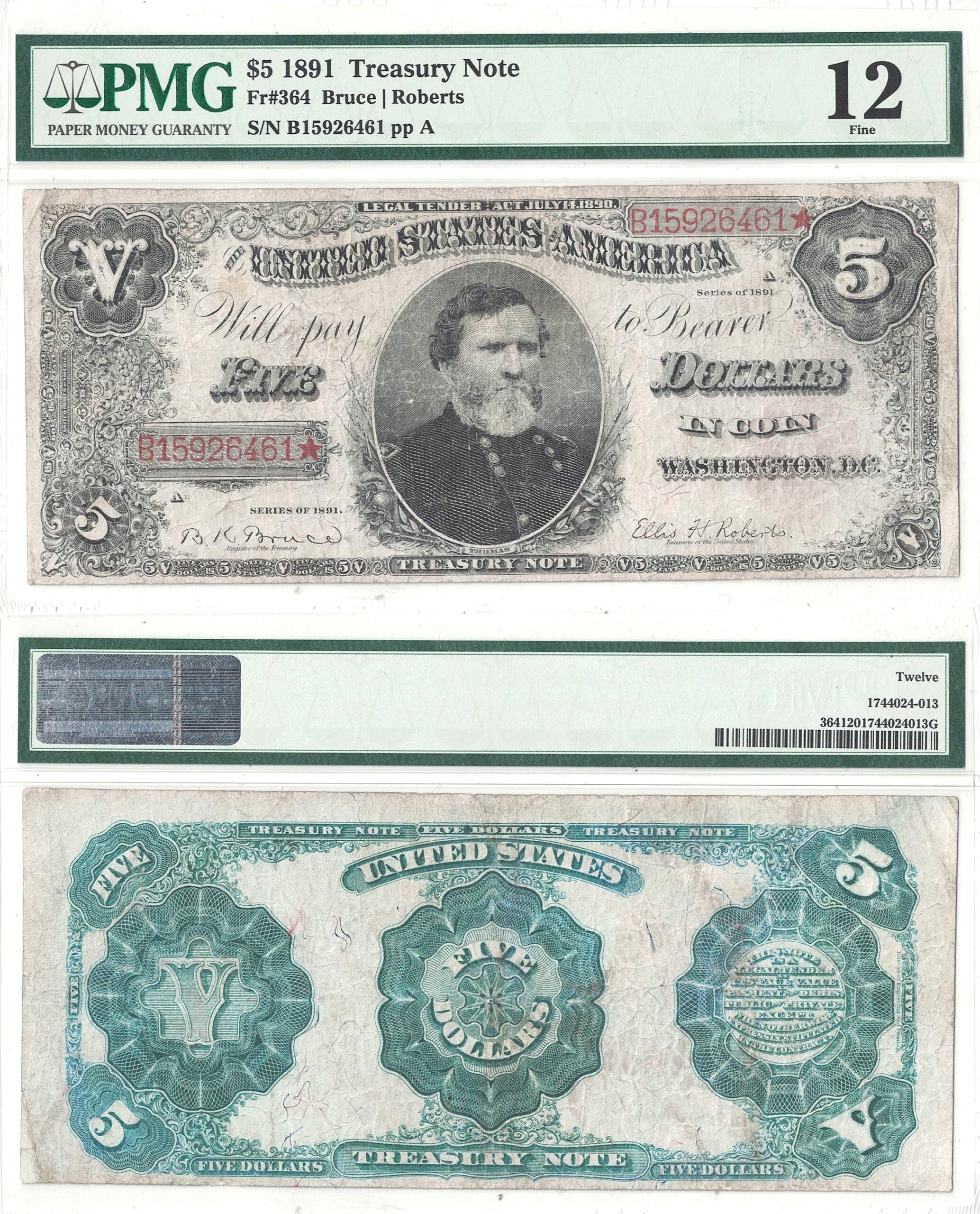 1891 $5 Treasury Note Fr-364 PMG F-12