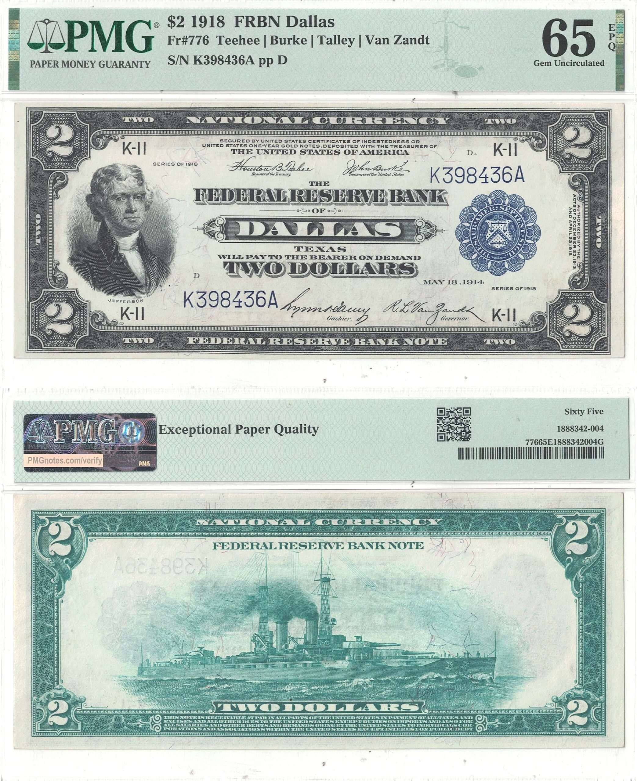 1918 $2 Federal Reserve Bank Note Fr-776 PMG Gem CU-65 EPQ