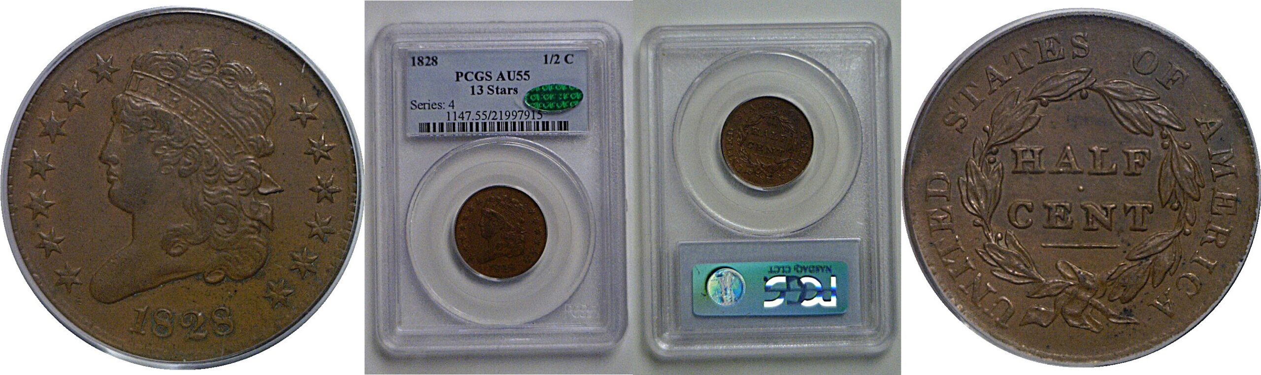 1828 13 Stars  Half Cent   PCGS AU-55  CAC