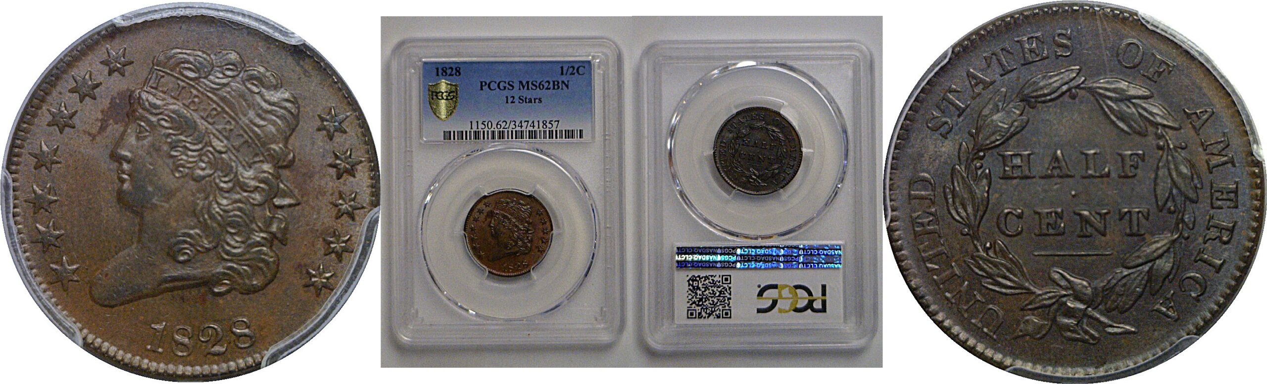 1828 12 Stars  Half Cent   PCGS MS-62 BN