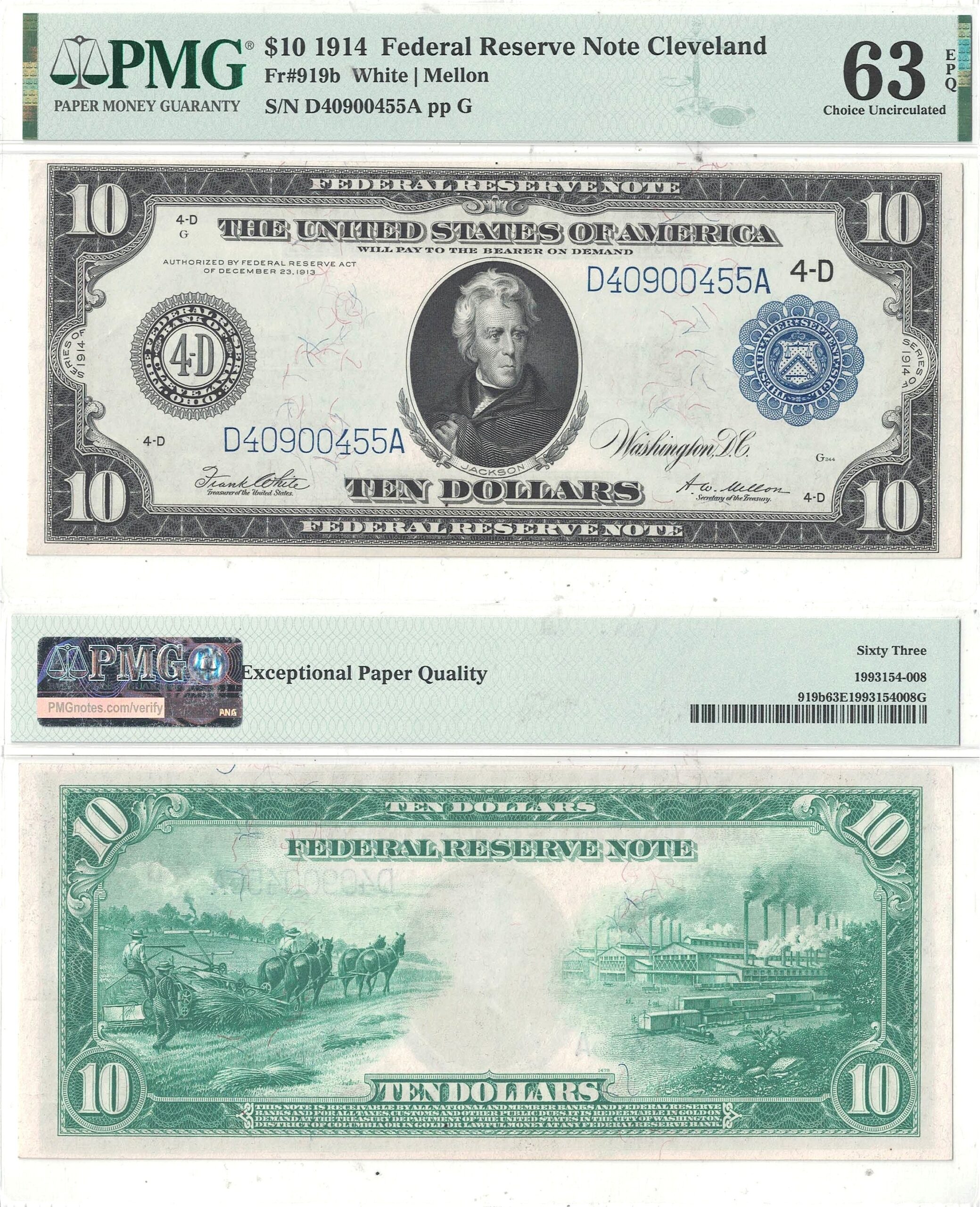 1914 $10 Federal Reserve Note Fr-919b PMG Choice CU-63 EPQ