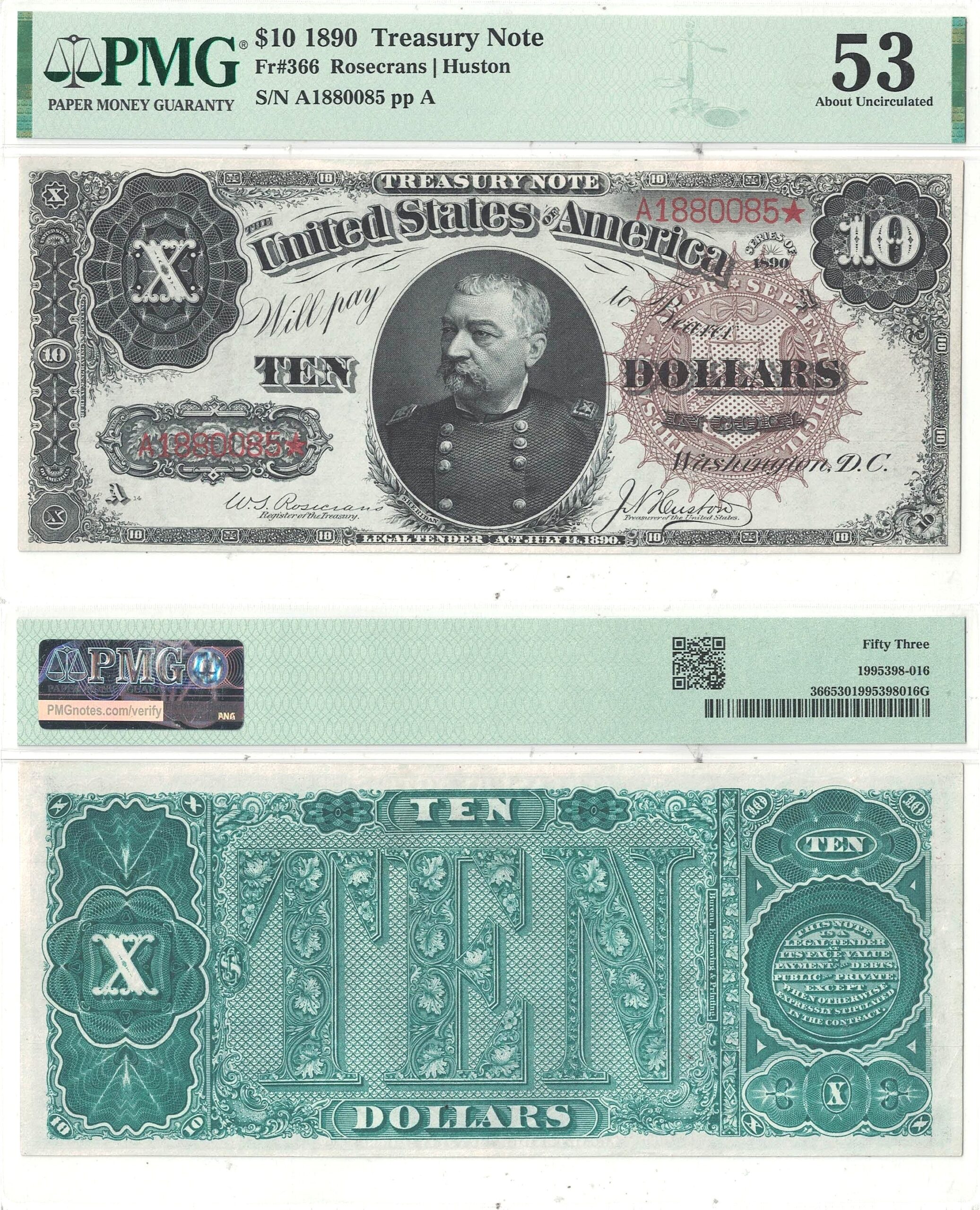 1890 $10 Treasury Note Fr-366 PMG AU-53