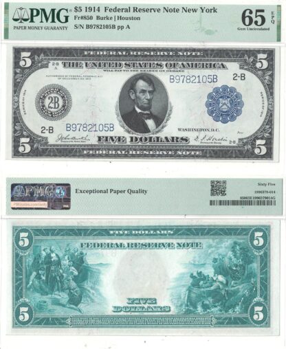 1914 $5 Federal Reserve Note Fr-850 PMG Gem CU-65 EPQ