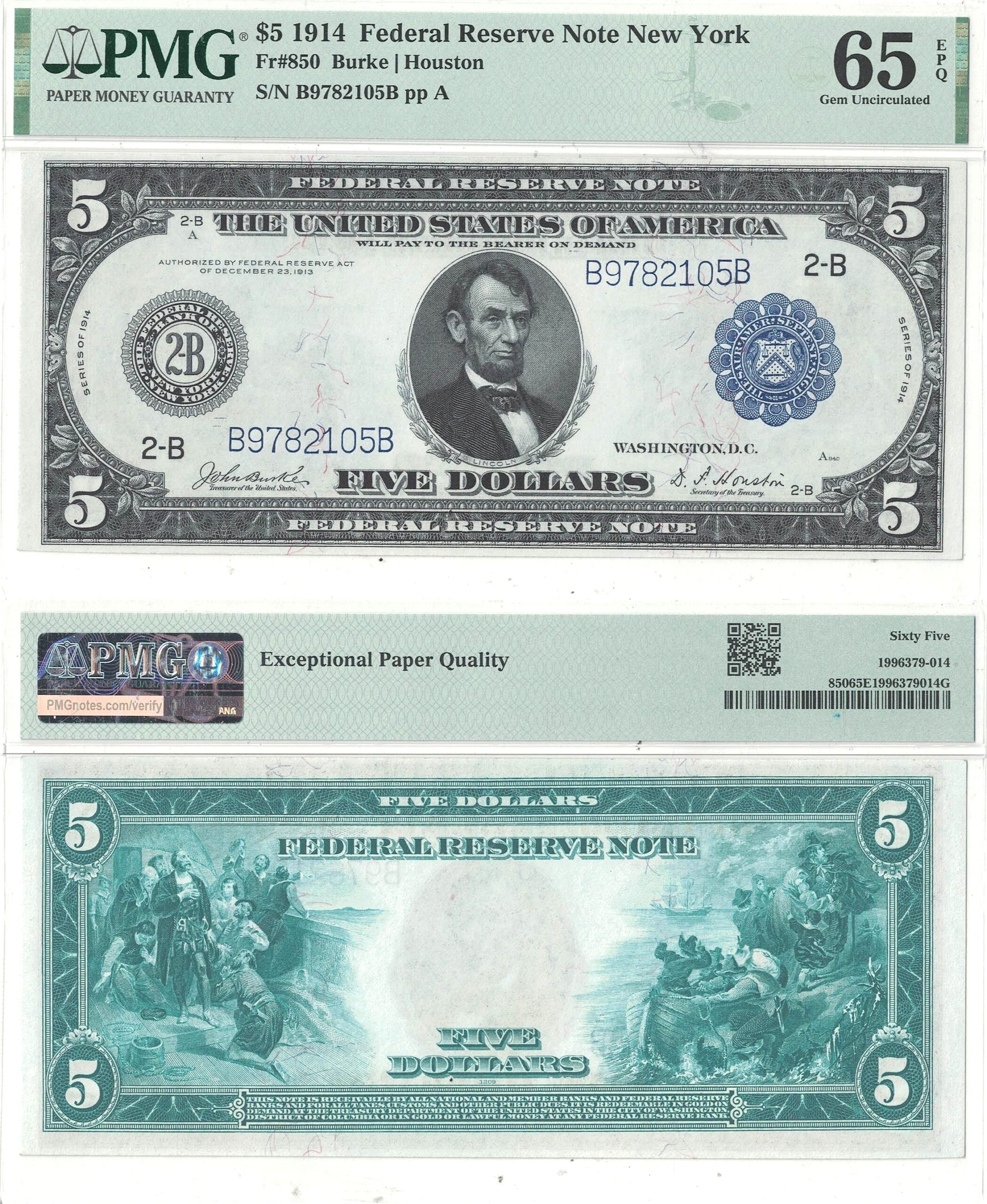 1914 $5 Federal Reserve Note Fr-850 PMG Gem CU-65 EPQ