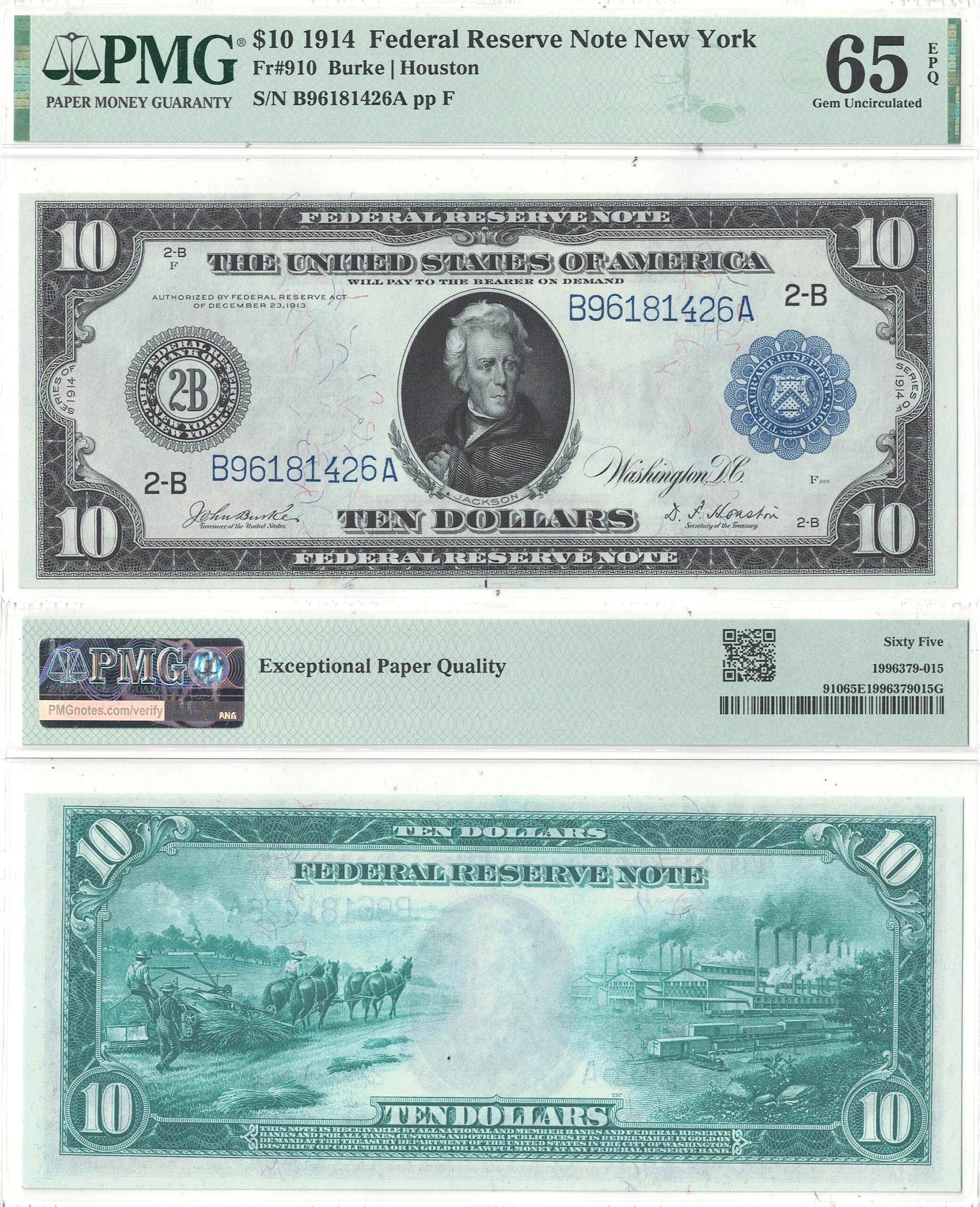 1914 $10 Federal Reserve Note Fr-910 PMG Gem CU-65 EPQ
