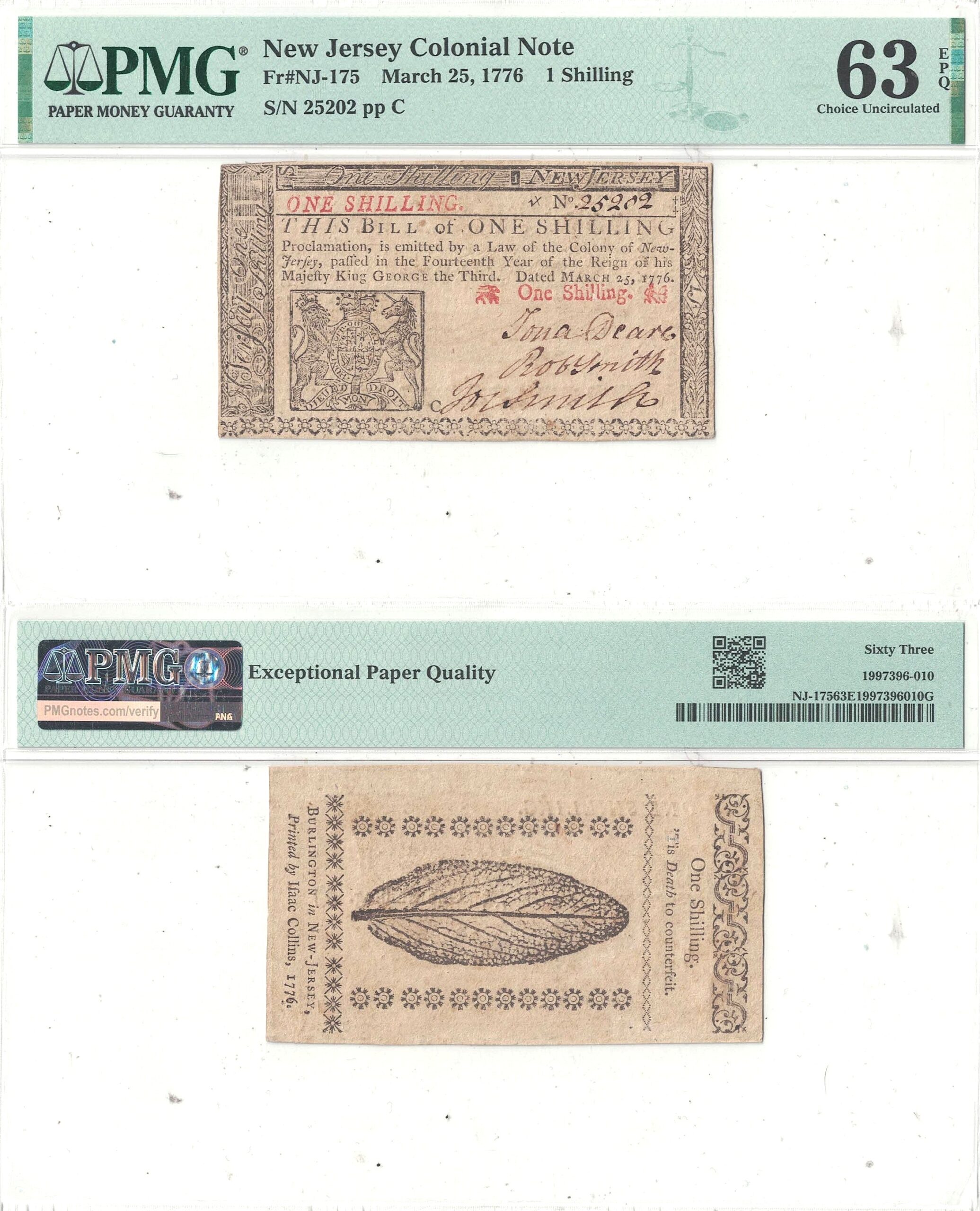 March 25, 1776 One Shilling New Jersey Colonial Fr NJ-175 PMG Choice CU-63 EPQ