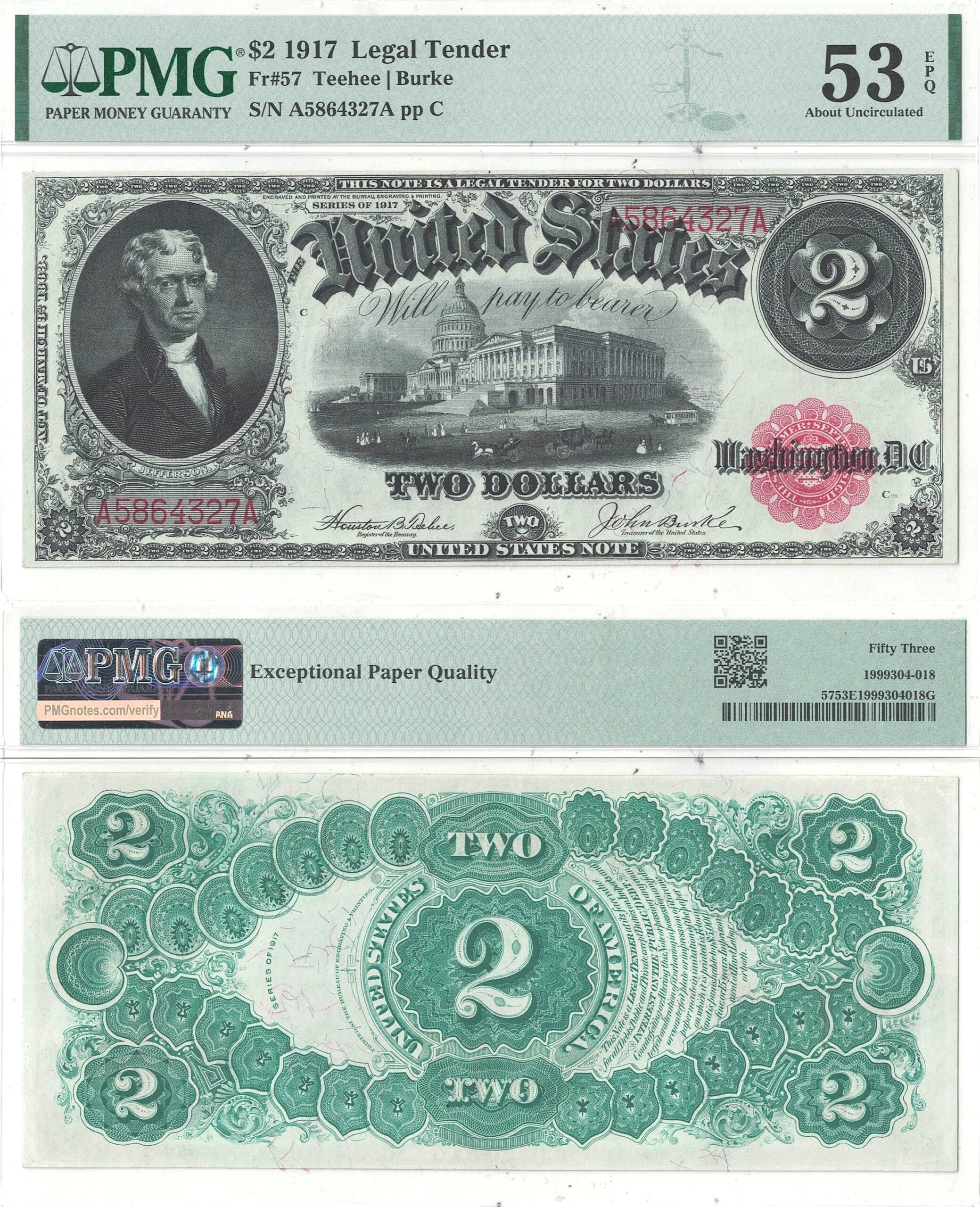 1917 $2 Legal Tender Note Fr-57 PMG AU-53 EPQ