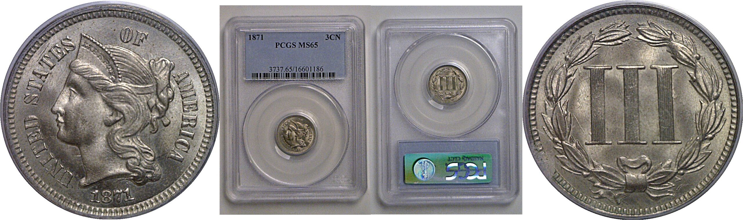 1871 Nickel Three Cent    PCGS MS-65