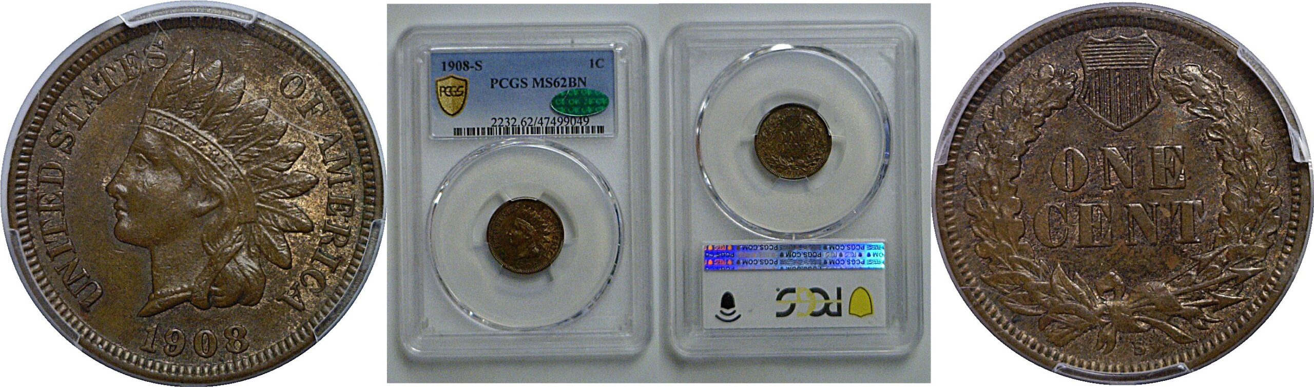 1908-S Indian Head Cent   PCGS MS-62 BN  CAC
