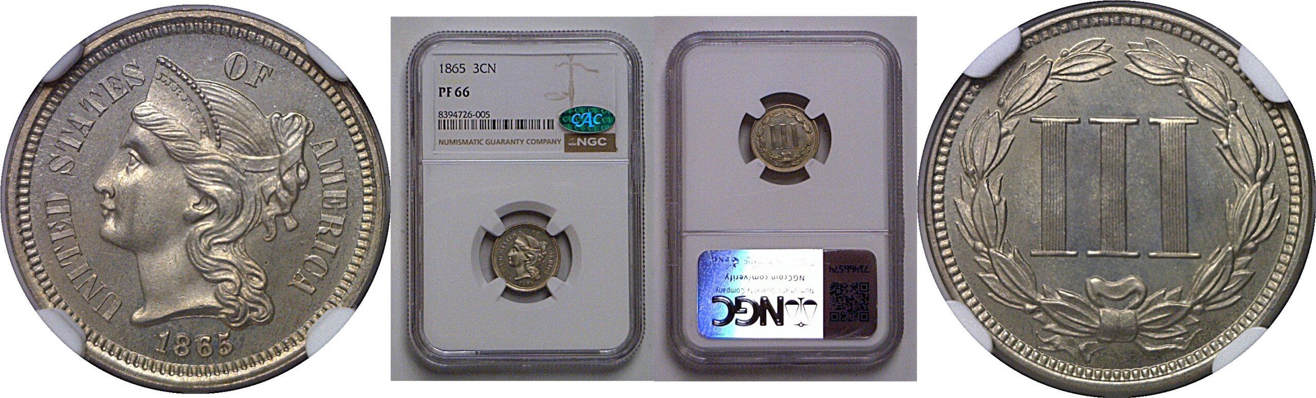 1865 Nickel Three Cent   NGC PF-66  CAC