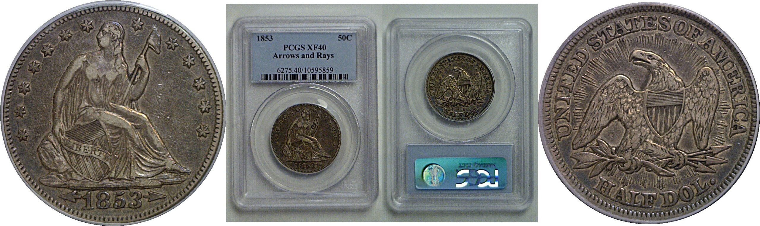 1853 Arrows and Rays  Seated Liberty Half Dollar  PCGS XF-40