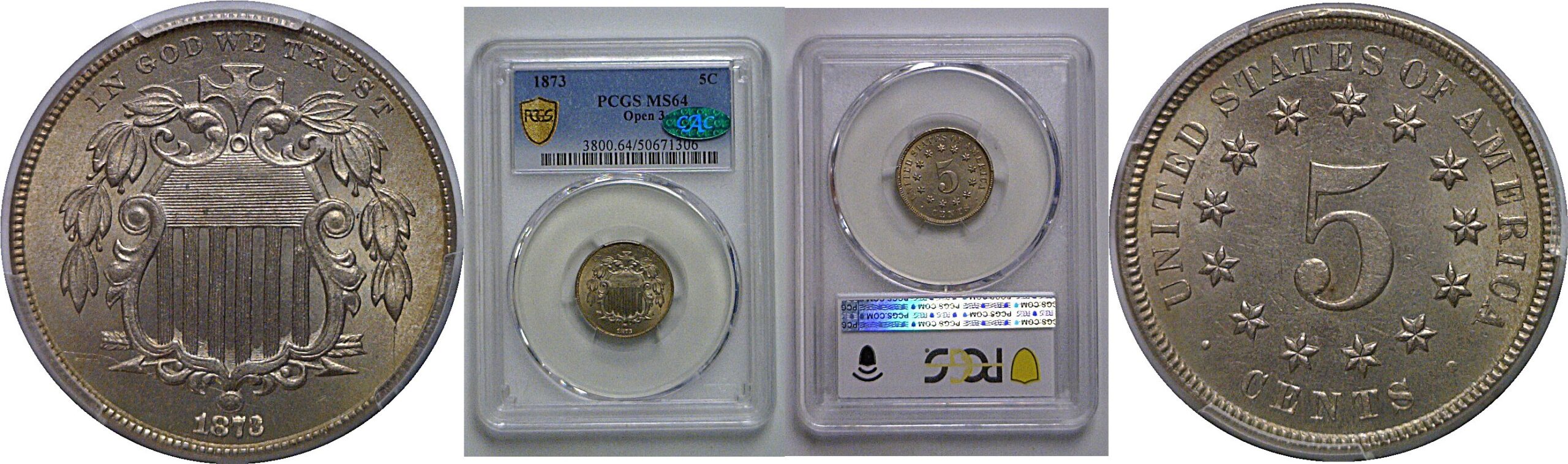 1873 Open 3   Shield Nickel   PCGS MS-64  CAC