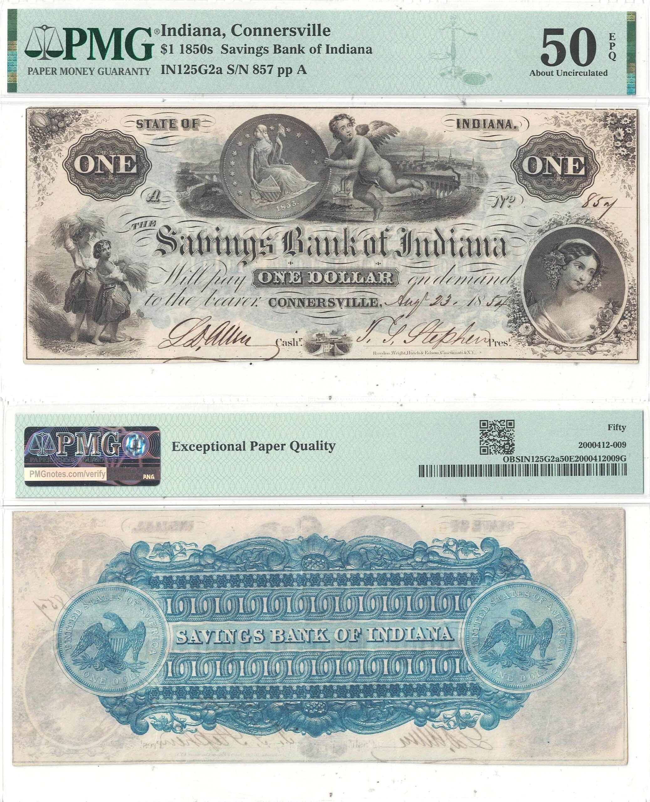 1850’s $1 Obsolete Connersville, Indiana PMG AU-50 EPQ