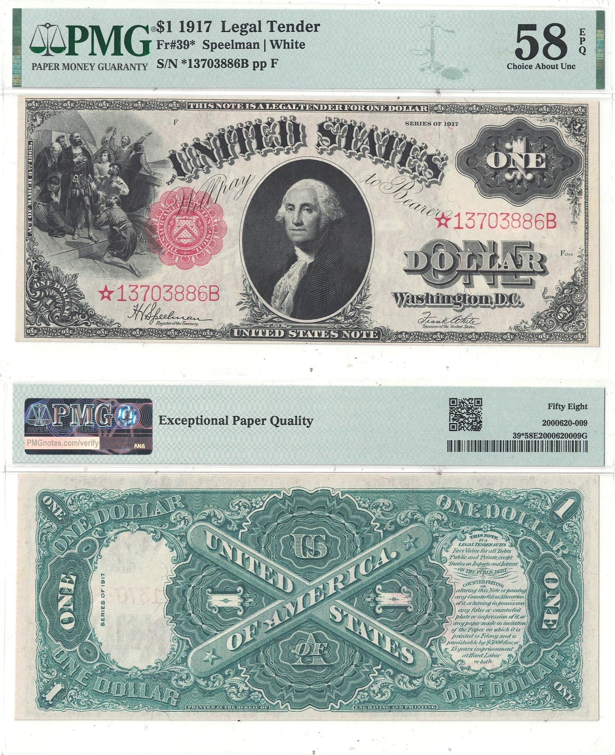 1917 $1 Legal Tender Star Note Fr-39* PMG AU-58 EPQ
