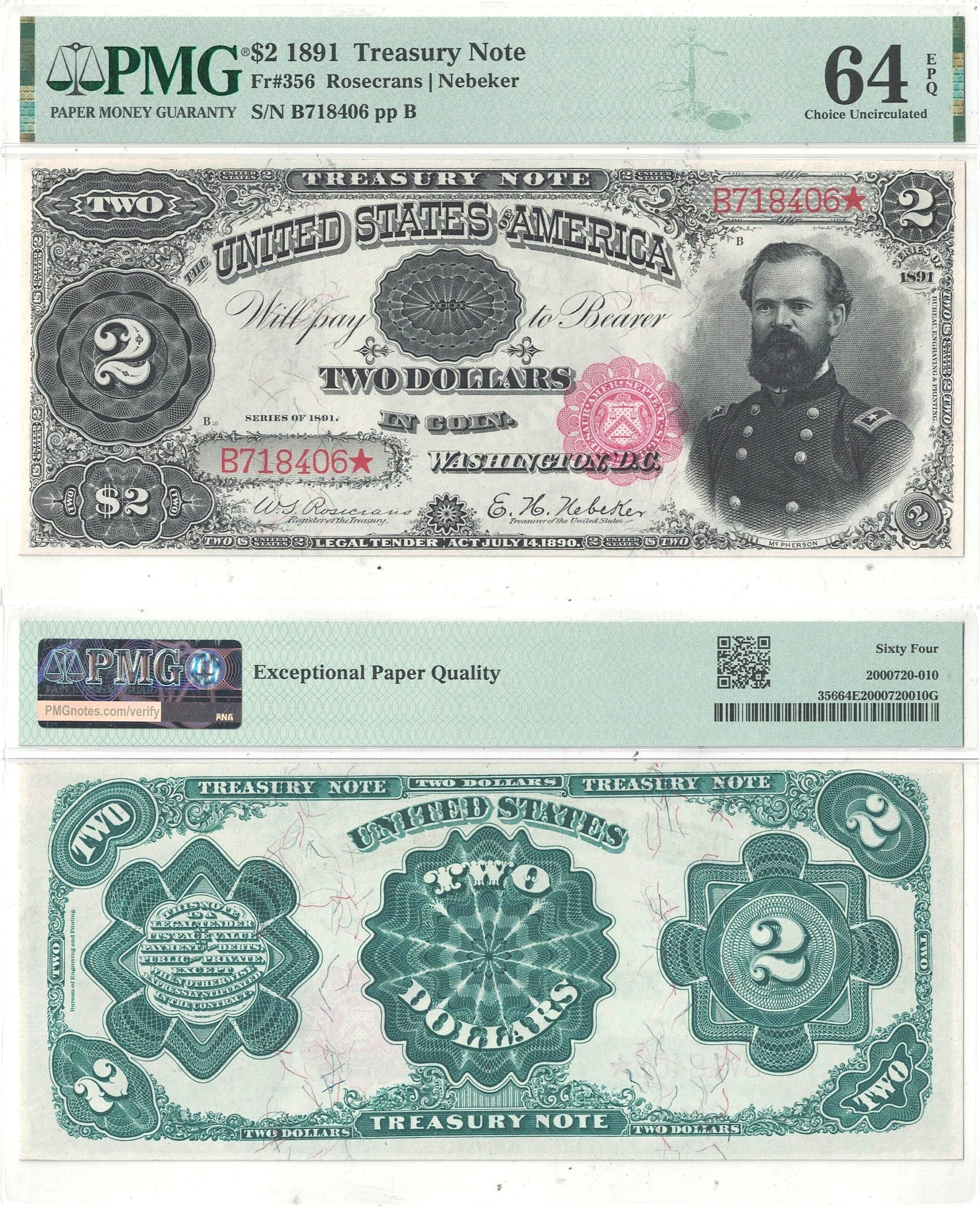 1891 $2 Treasury Note Fr-356 PMG Choice CU-64 EPQ