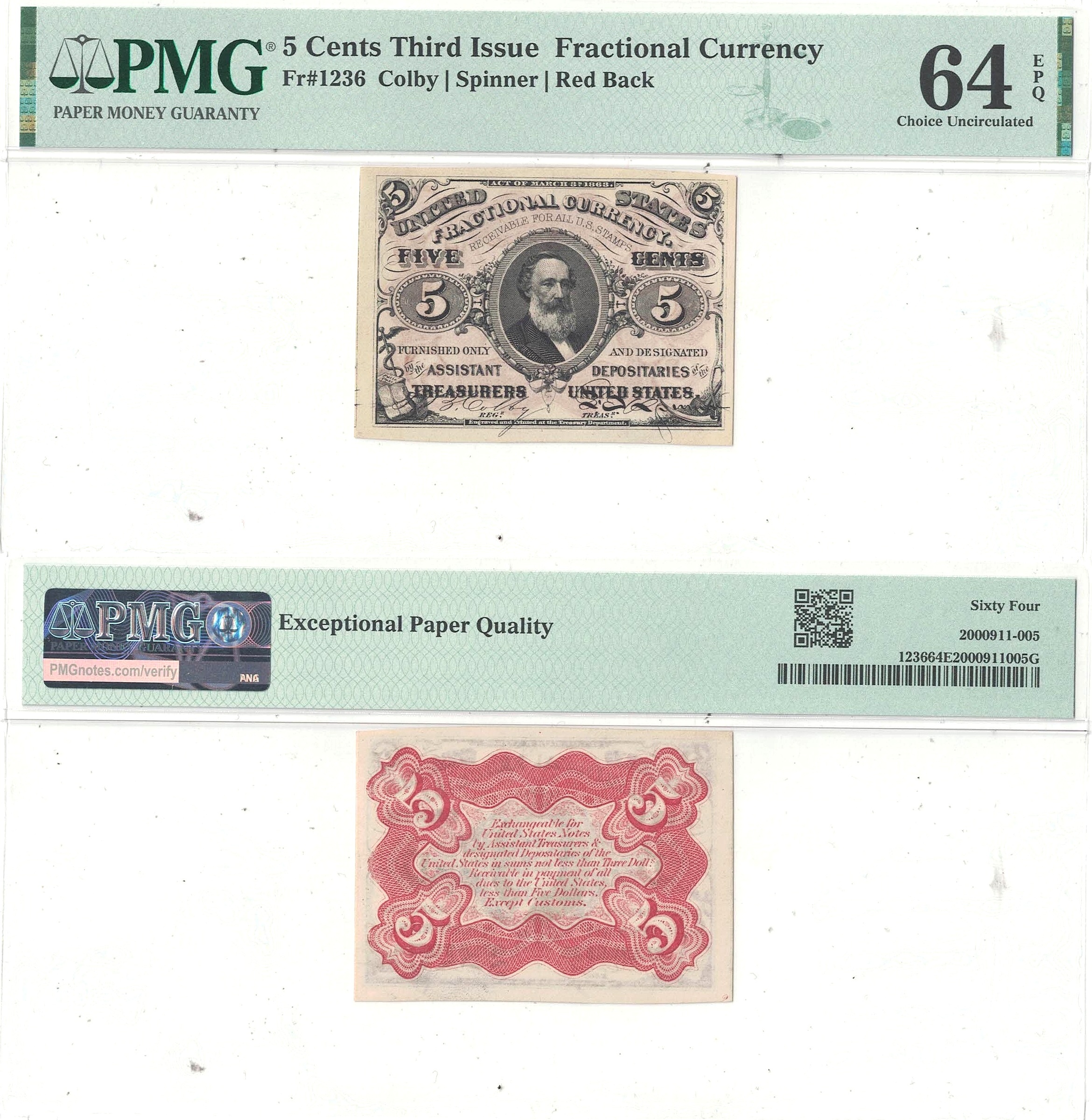 5 Cent Third Issue Fractional Currency Fr-1236 PMG Choice CU-64 EPQ