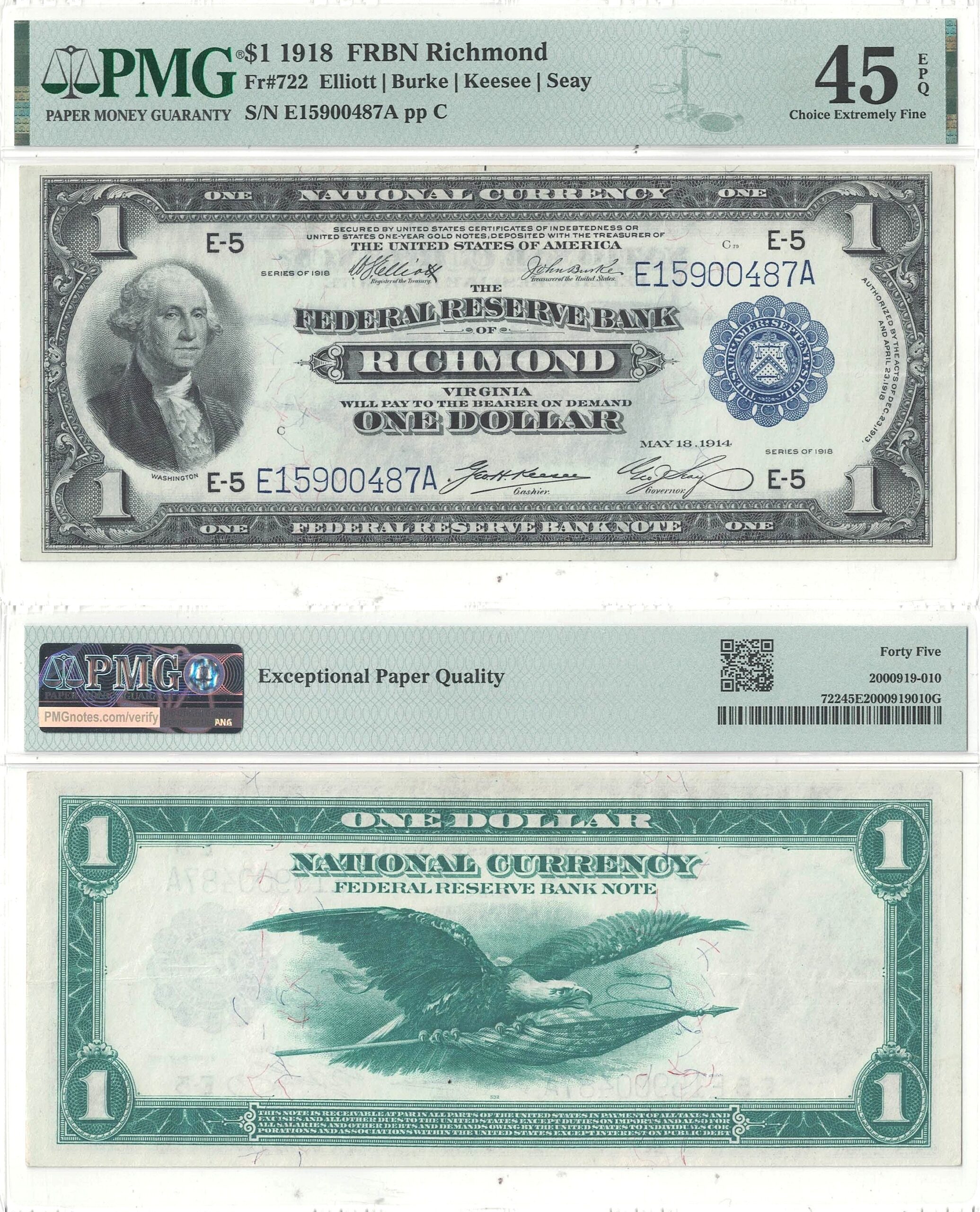 1918 $1 Federal Reserve Bank Note Fr-722 PMG XF-45 EPQ