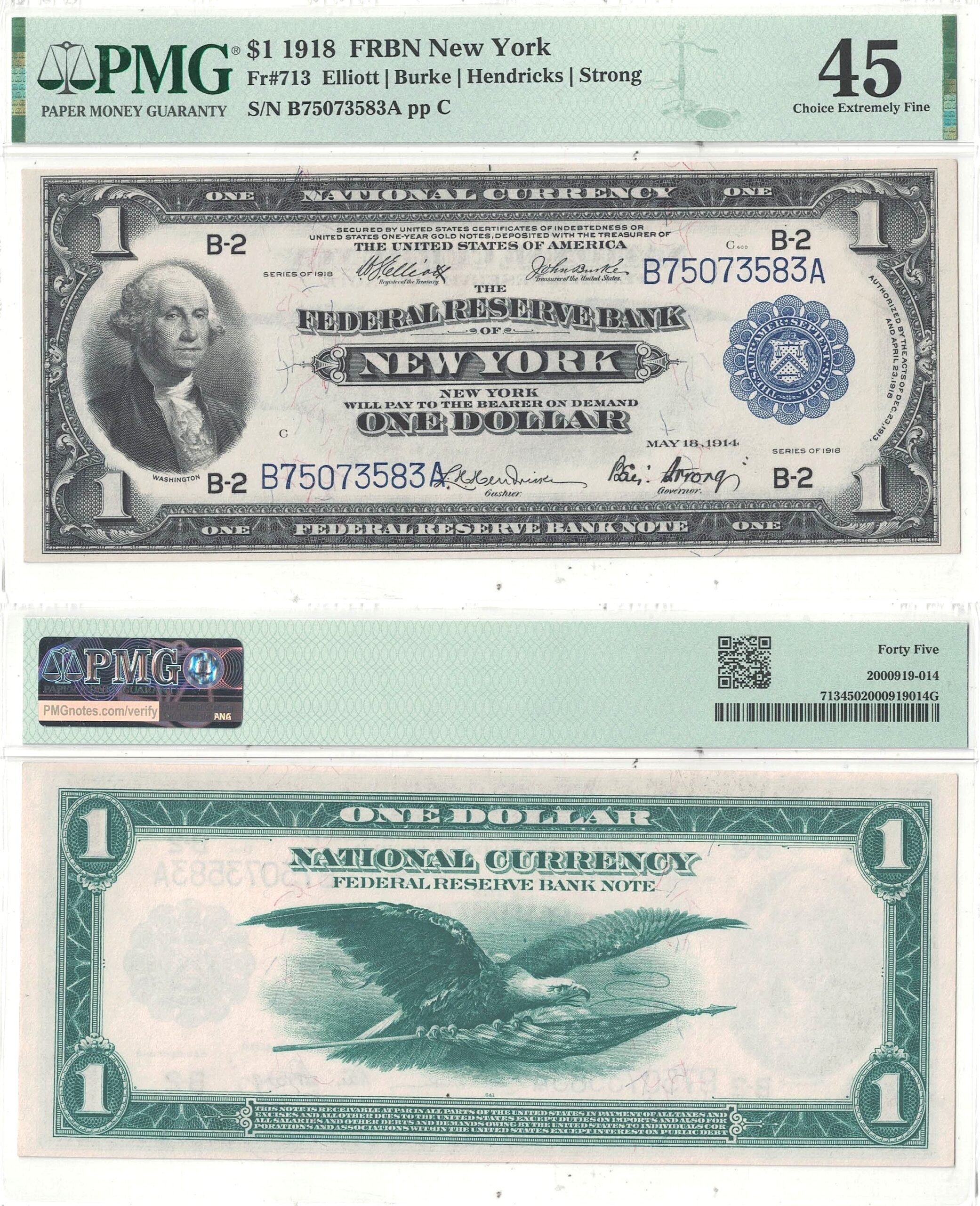 1918 $1 Federal Reserve Bank Note Fr-713 PMG XF-45