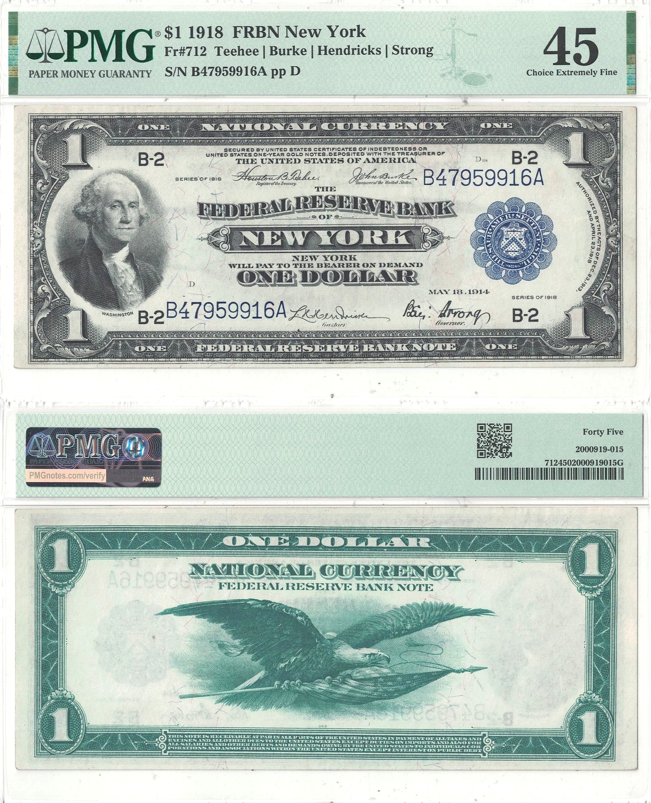 1918 $1 Federal Reserve Bank Note Fr-712 PMG XF-45