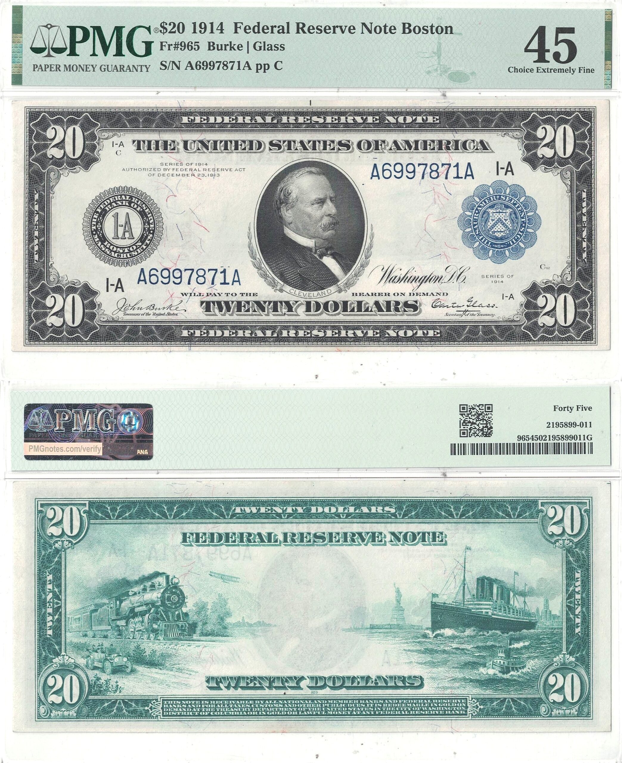 1914 $20 Federal Reserve Note Fr-965 PMG XF-45