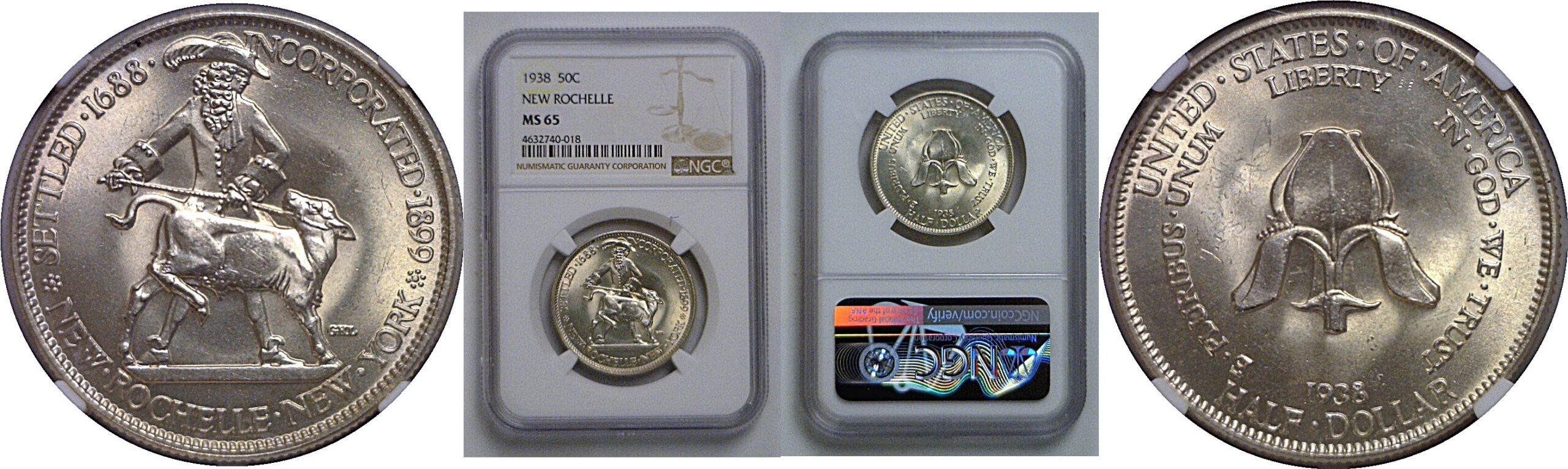 1938 New Rochelle Commemorative Half Dollar   NGC MS-65