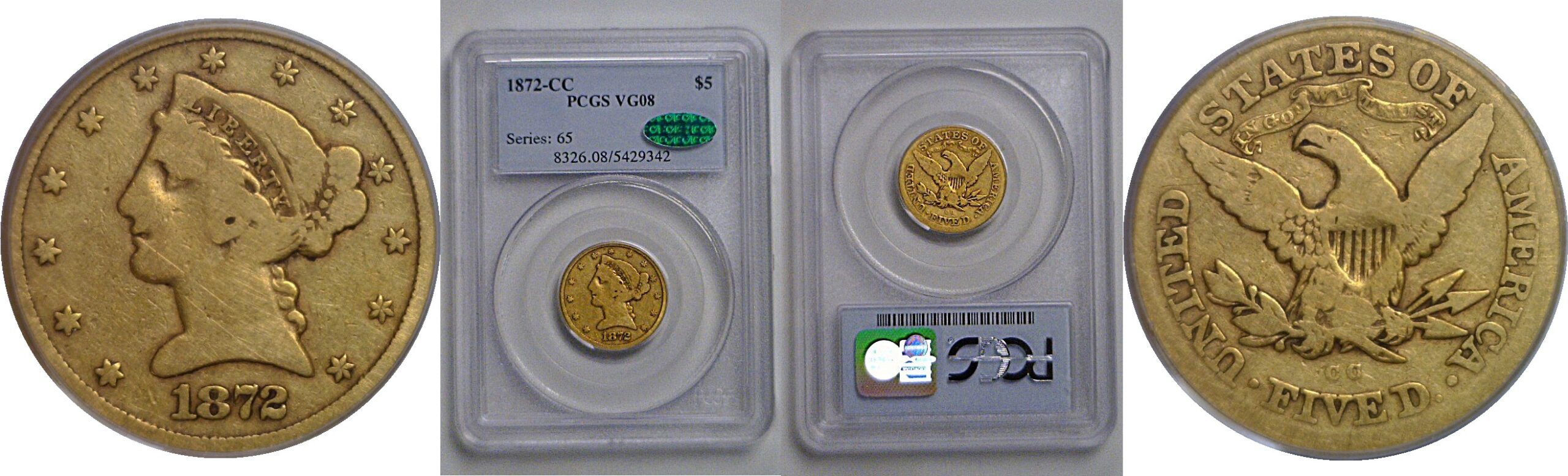 1872-CC $5 Liberty   PCGS VG-8   CAC