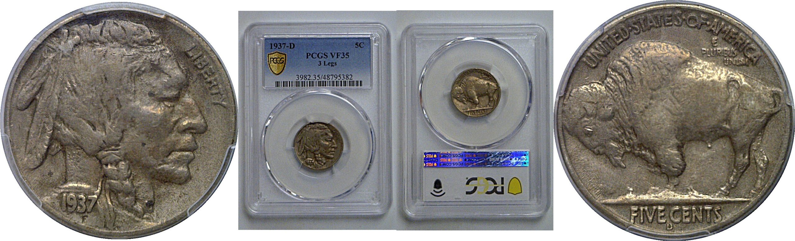1937-D 3 legs  Buffalo Nickel    PCGS VF-35