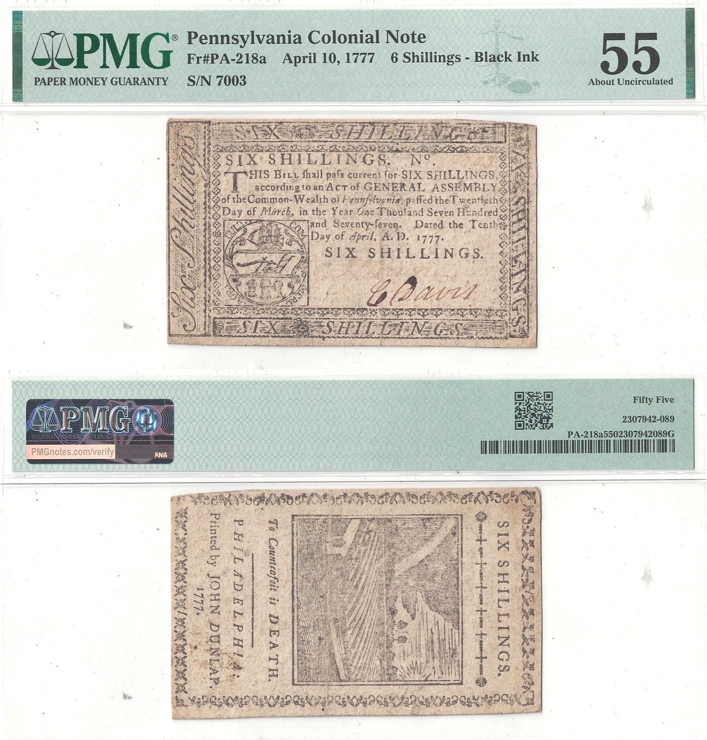 April 10, 1777 Six Shillings Pennsylvania Colonial Fr PA-218a PMG AU-55