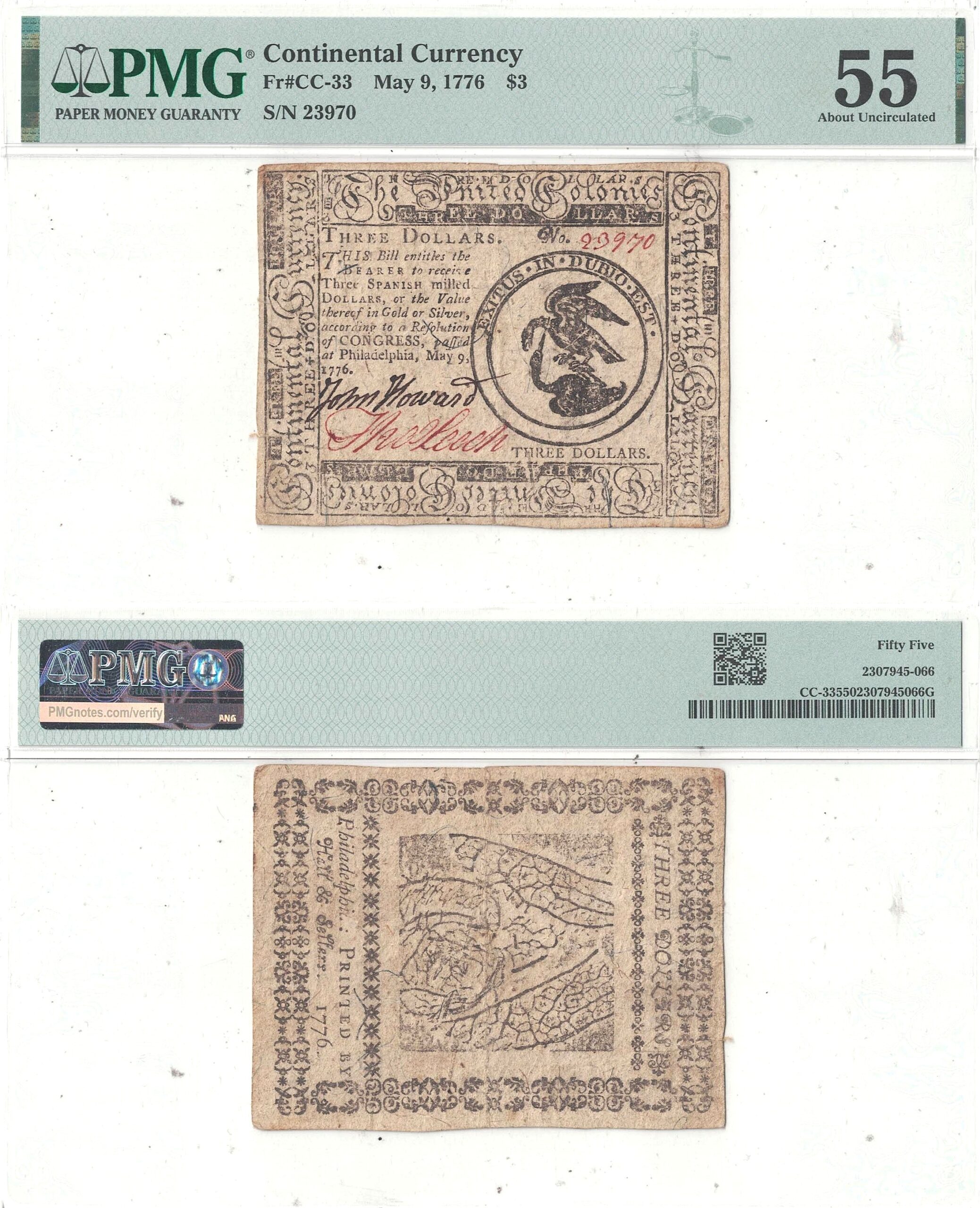 May 9, 1776 Three Dollars Continental Currency Fr CC-33 PMG AU-55