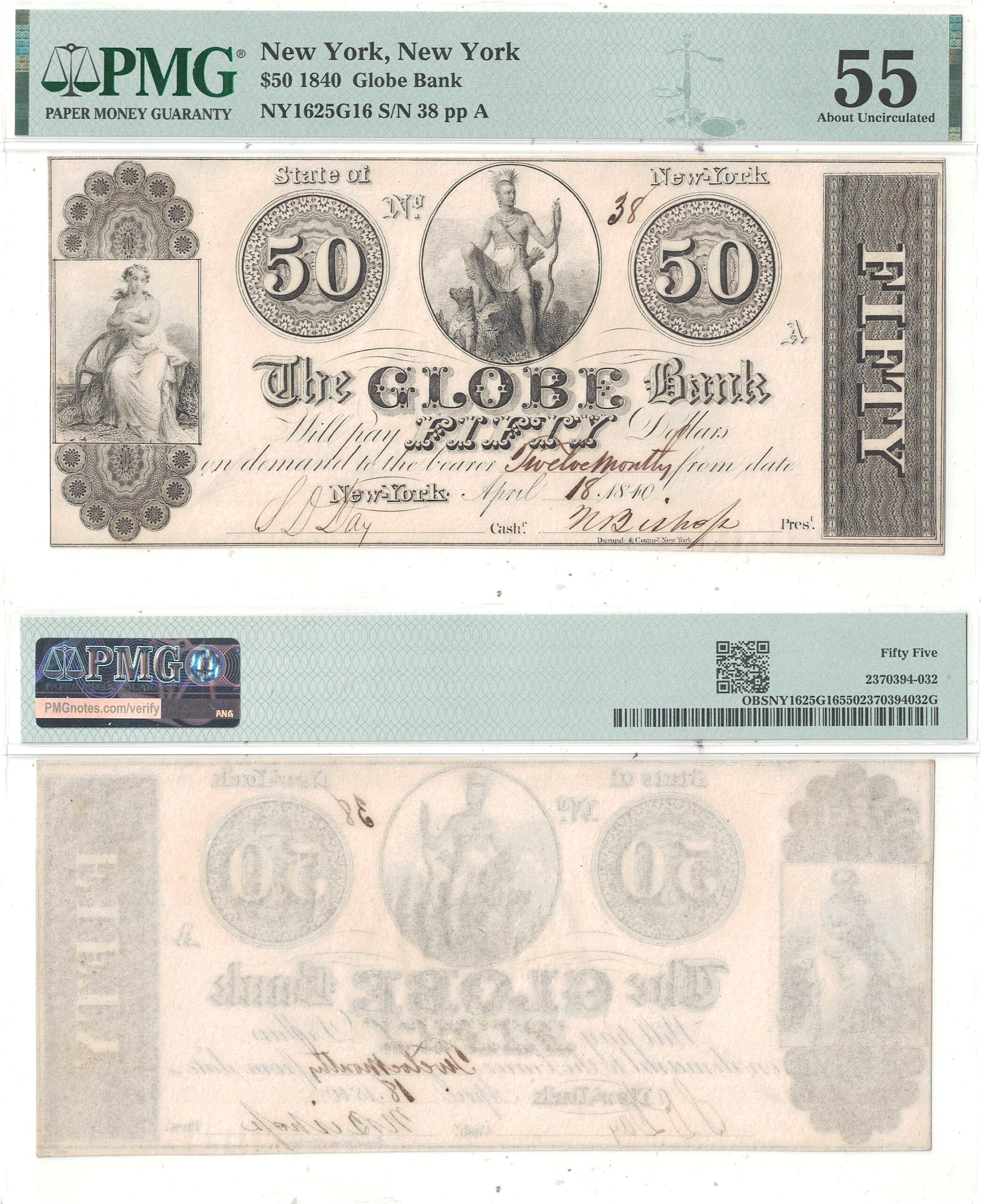 1840 $50 Obsolete Globe Bank New York, New York PMG AU-55
