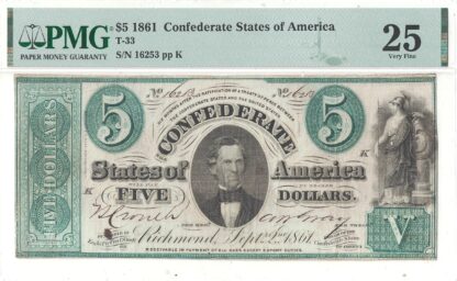 1861 $5 Confederate Note T-33 PMG VF-25 - Image 2