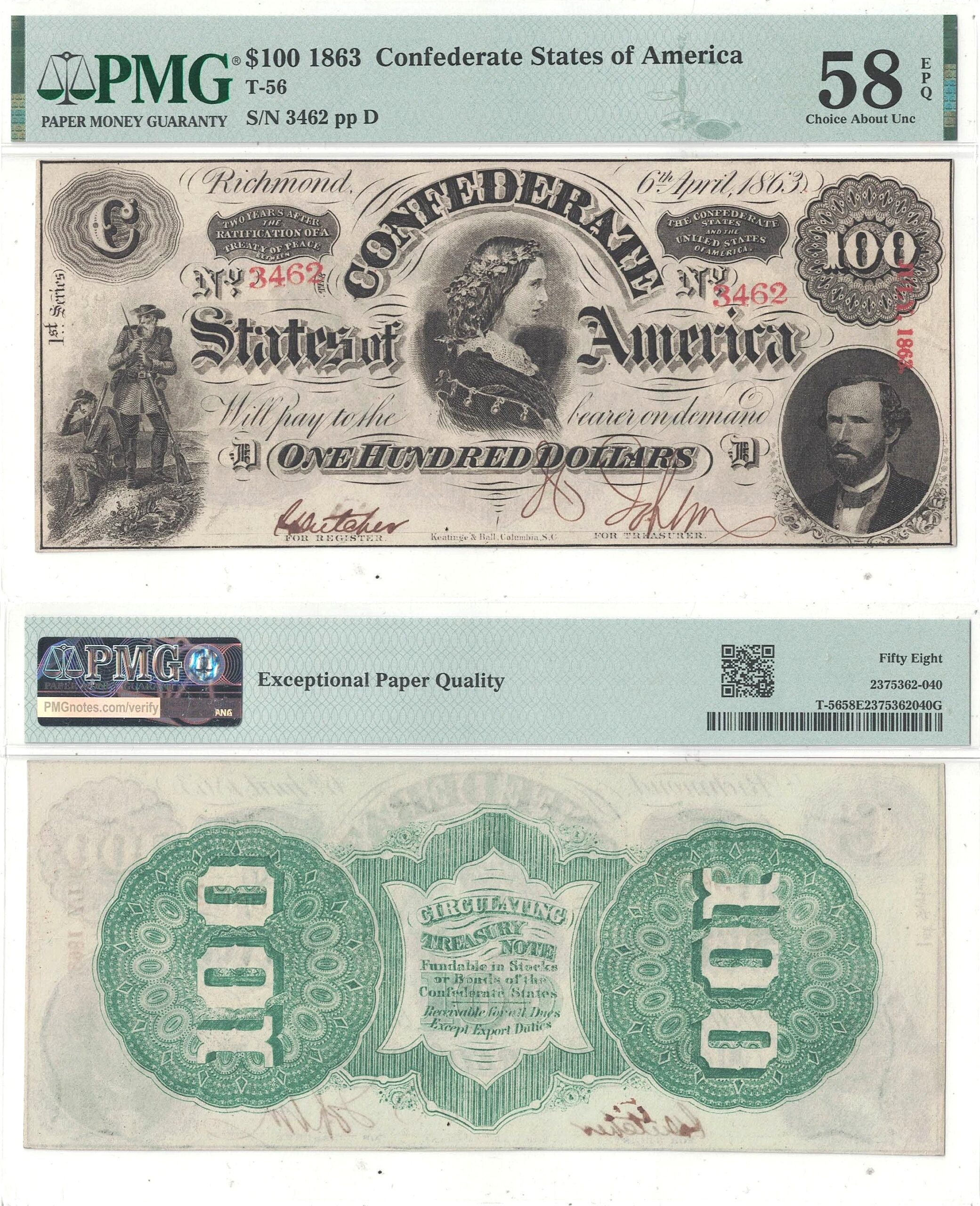1863 $100 Confederate Note T-56 PMG AU-58 EPQ
