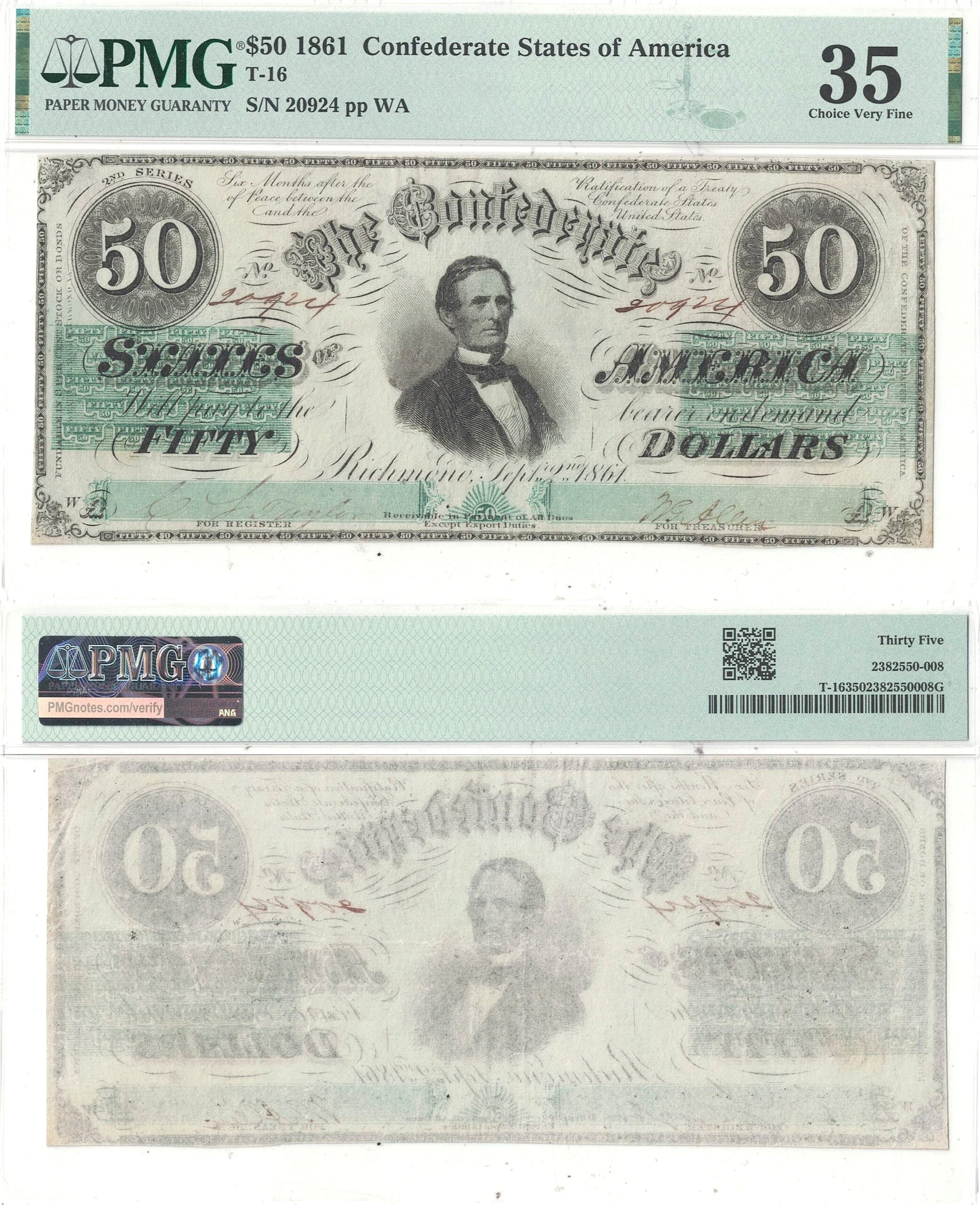 1861 $50 Confederate Note T-16 PMG VF-35