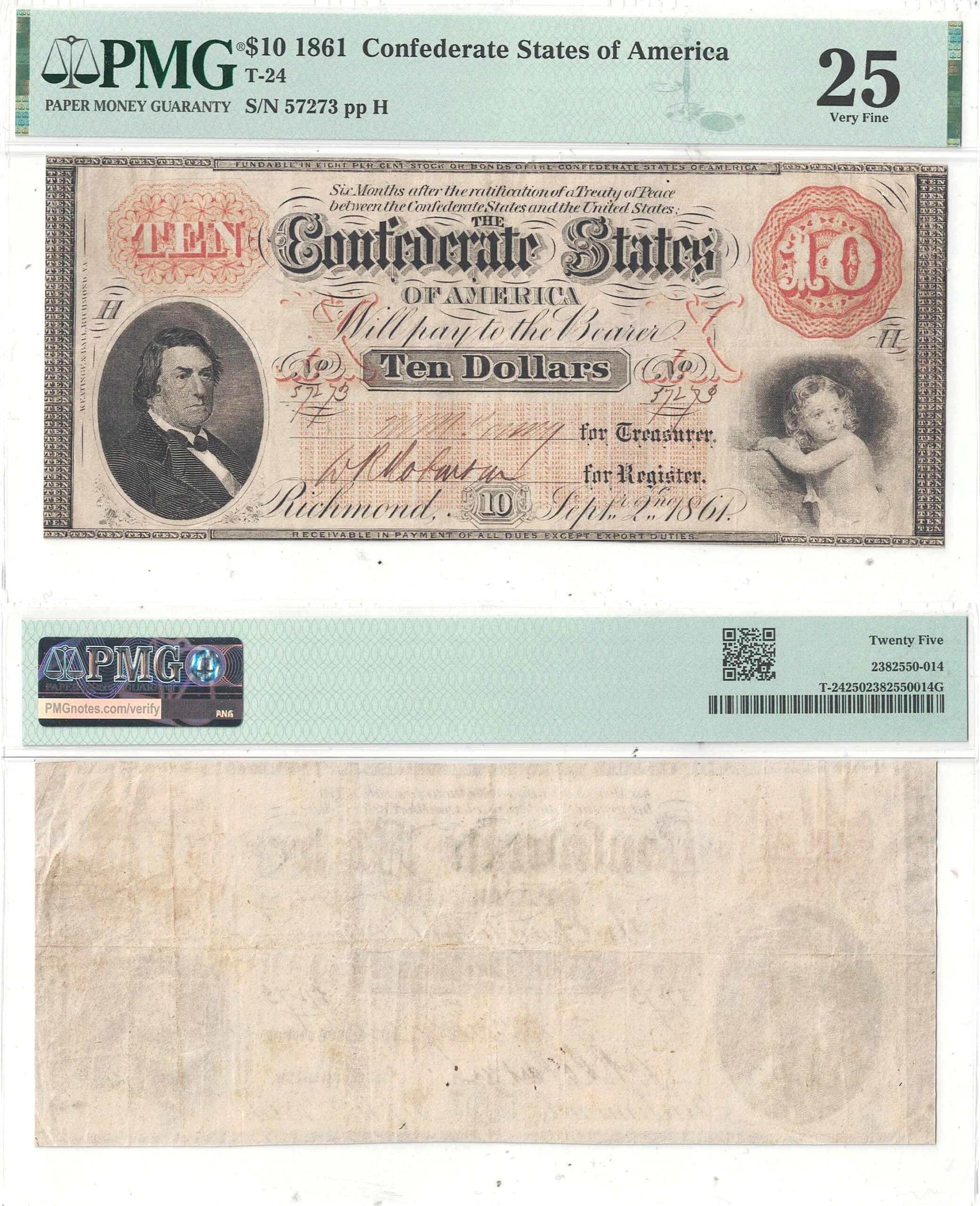 1861 $10 Confederate Note T-24 PMG VF-25