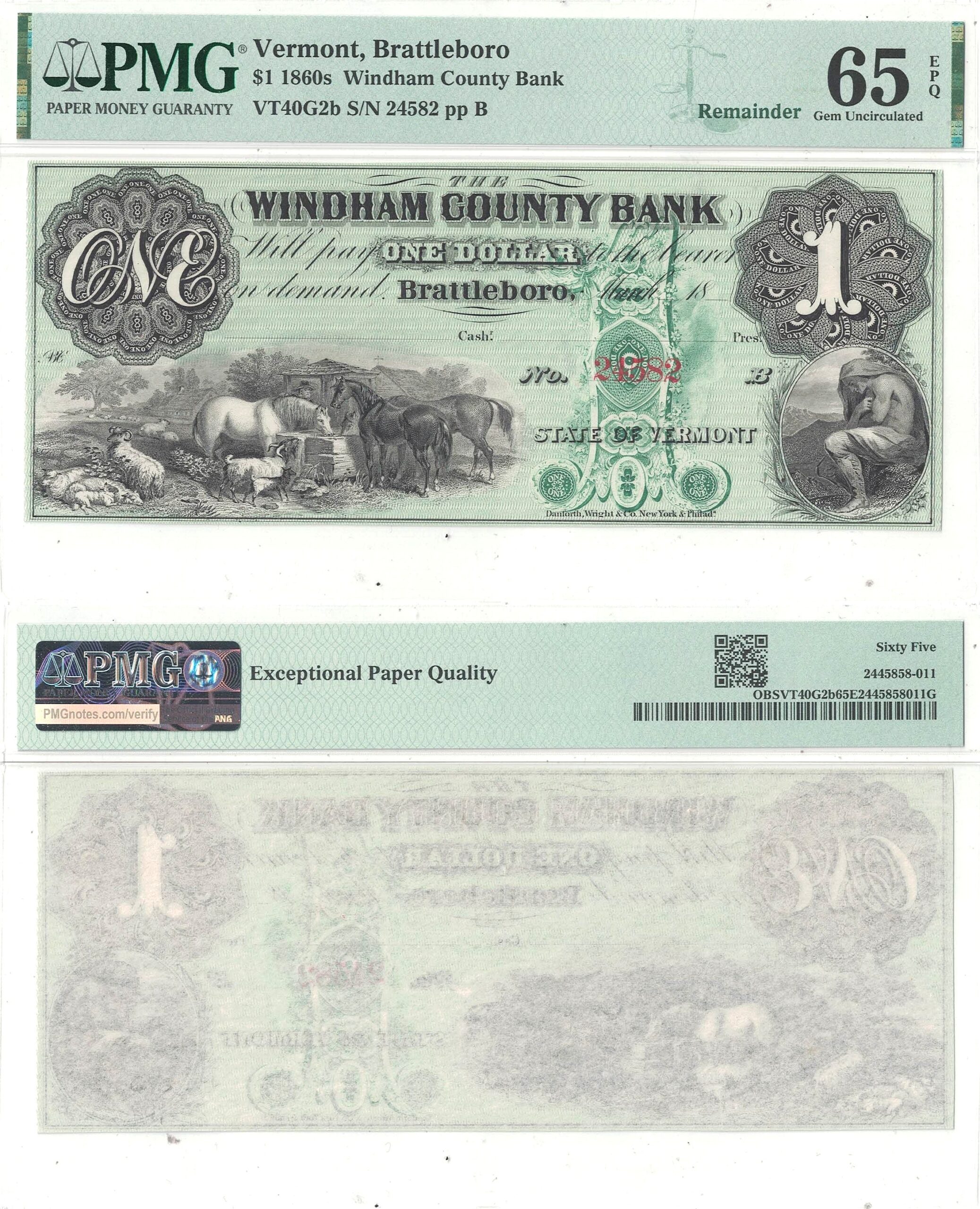 1860's $1 Obsolete Brattleboro, Vermont PMG Gem CU-65 EPQ