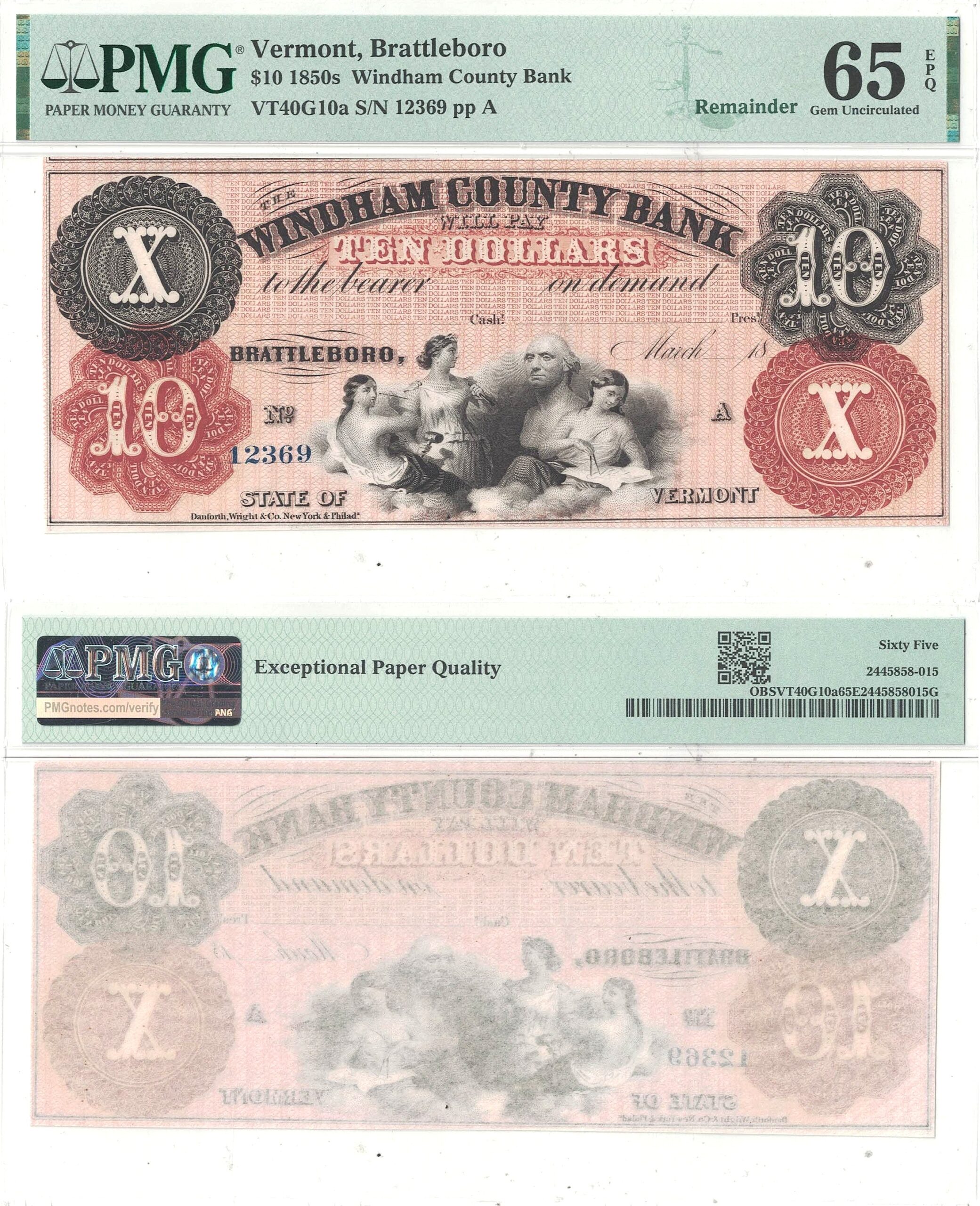 1850's $10 Obsolete Brattleboro, Vermont PMG Gem CU-65 EPQ
