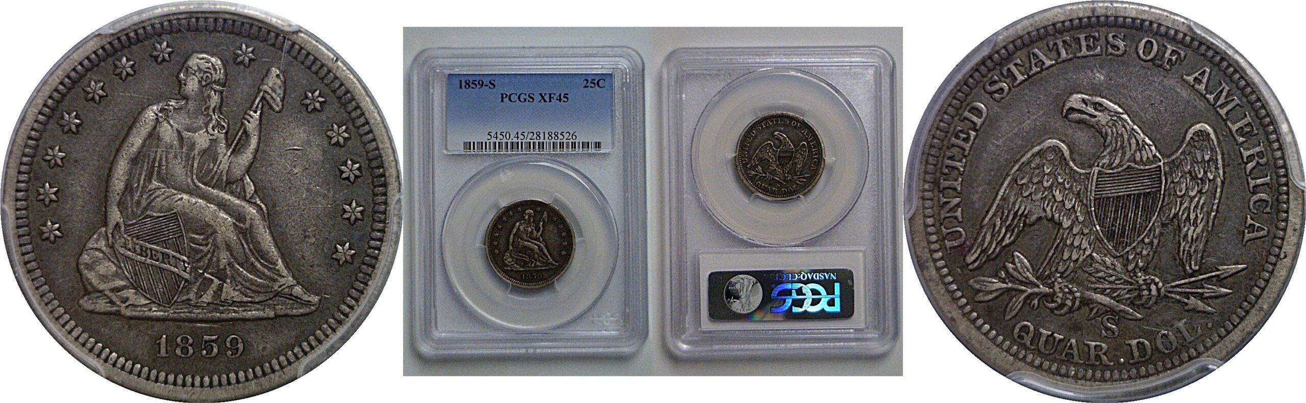 1859-S Seated Liberty Quarter   PCGS XF-45